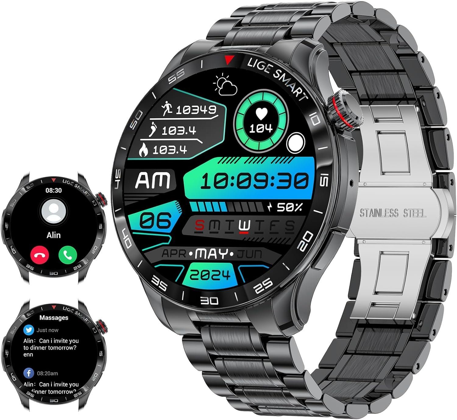 Lige Smartwatch Herren, AMOLED Always on Display Smart Smartwatch (1.43 Zoll, Andriod iOS), mit Telefonfunktion IP67 Wasserdicht Fitnessuhr mit Schlafmonitor