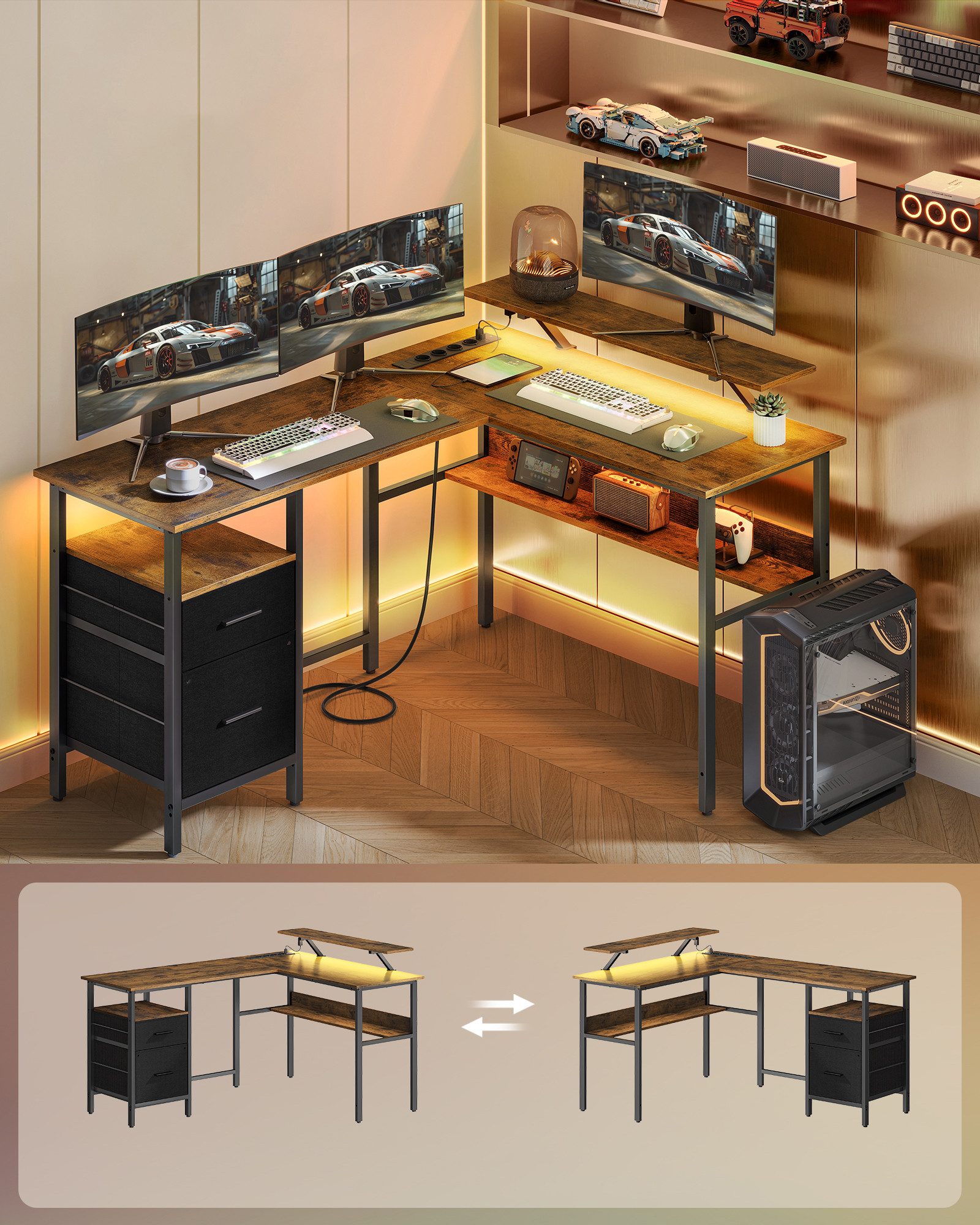 VASAGLE Schreibtisch, L-förmiger, mit Steckdosen, LED-Beleuchtung, USB-Ansc günstig online kaufen