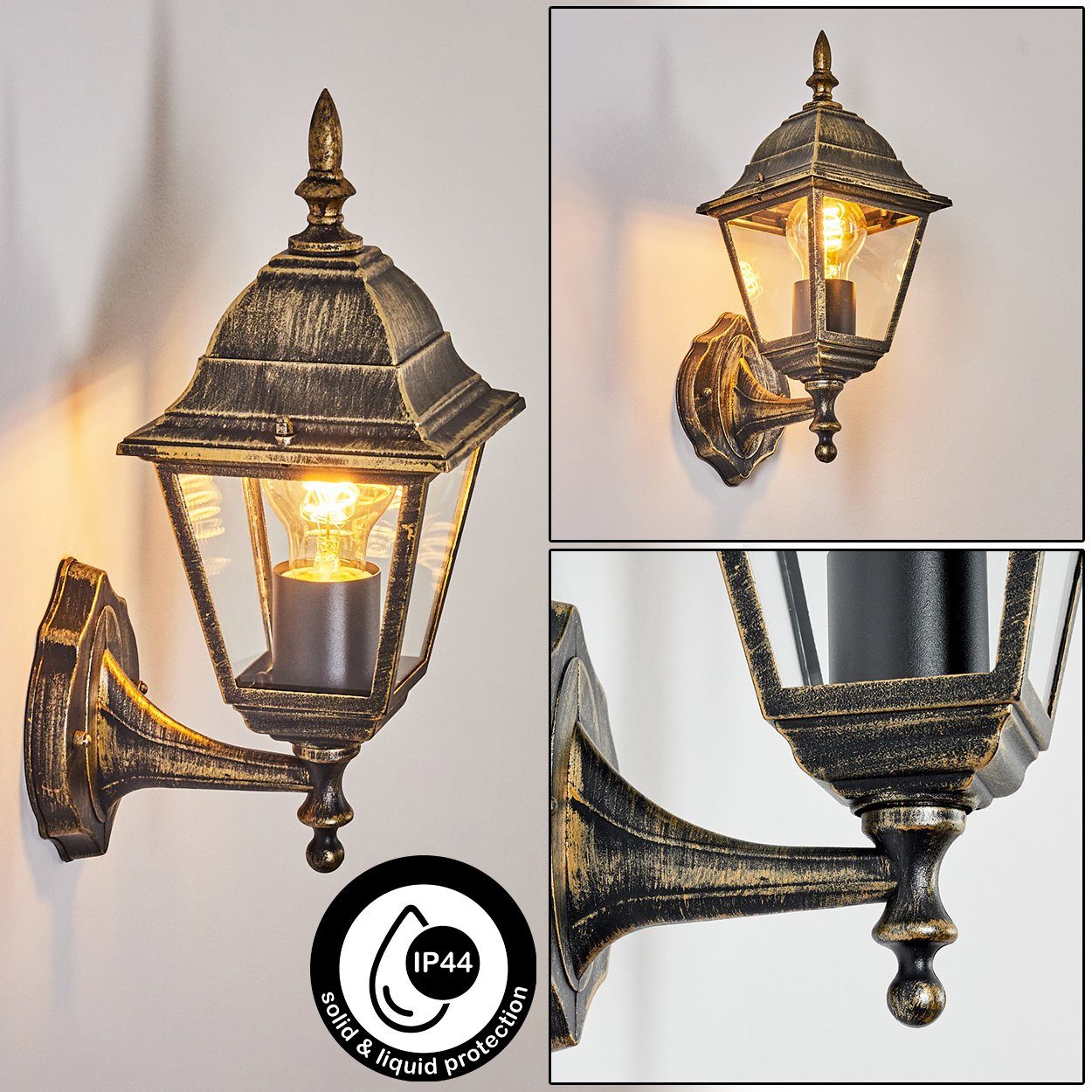 hofstein Außen-Wandleuchte Wandlampe in antikem Look aus Metall/Glas in Braun-Gold/Klar, ohne Leuchtmittel, im klassischen Landhaus-Stil, Außenleuchte für Terrasse, 1x E27, IP44