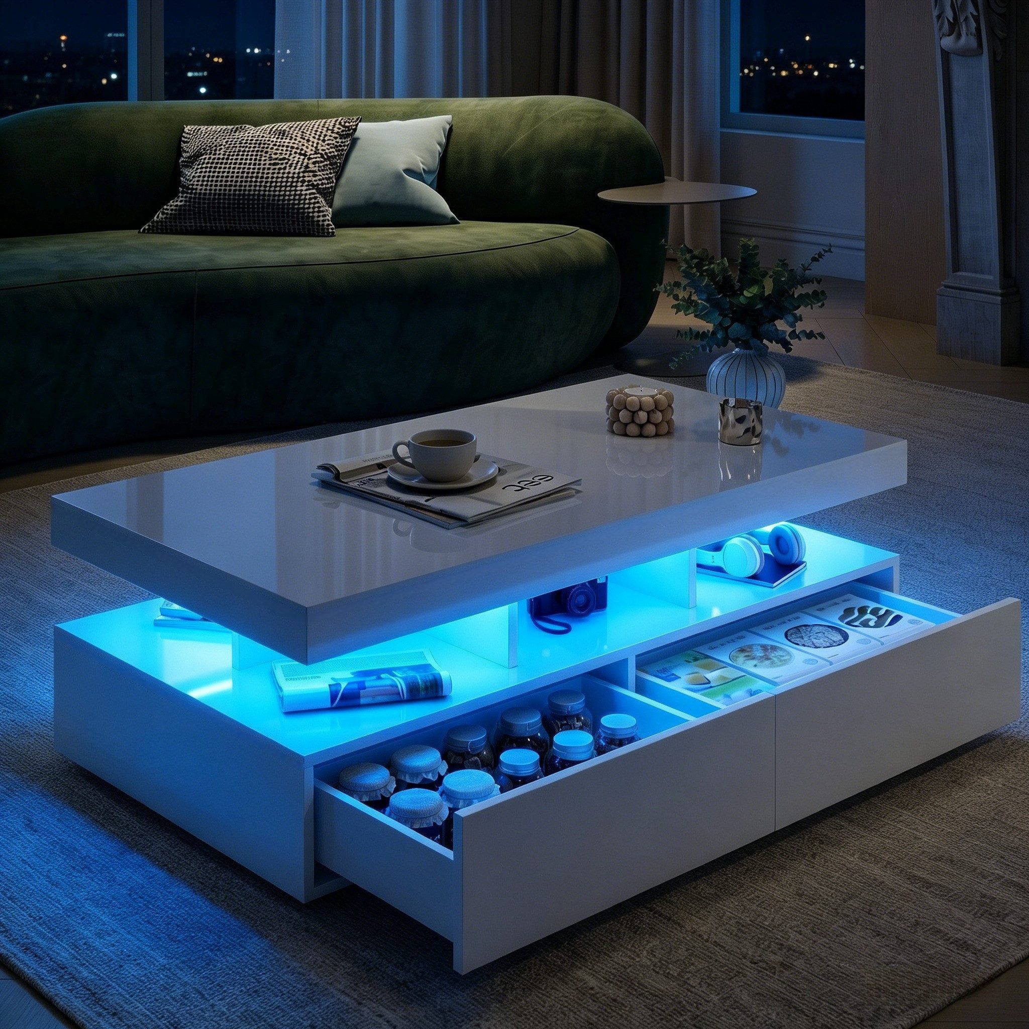 Furnishings Home Couchtisch Schreibtisch Beistelltisch LED (Hochglänzender quadratischer, 104x53x46 cm), Mit Schubladen und 16-farbigen variablen LED-Leuchten