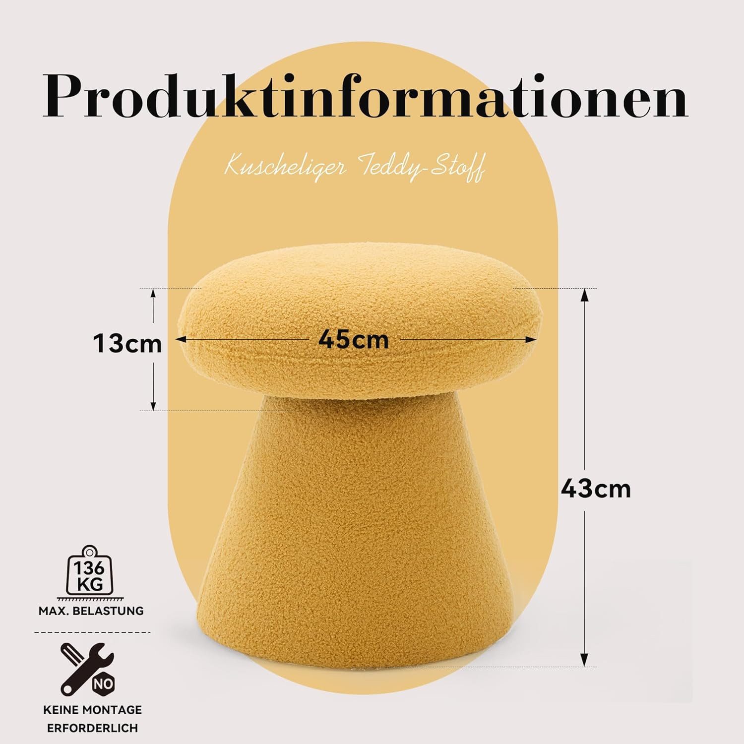 DEKKETO Hocker 360° Drehbarer Teddy-Pilz-Hocker als Schminktischhocker & Fußhocker (1 St), Bequemer Polsterhocker für Schlafzimmer, Ankleidezimmer & Wohnzimmer