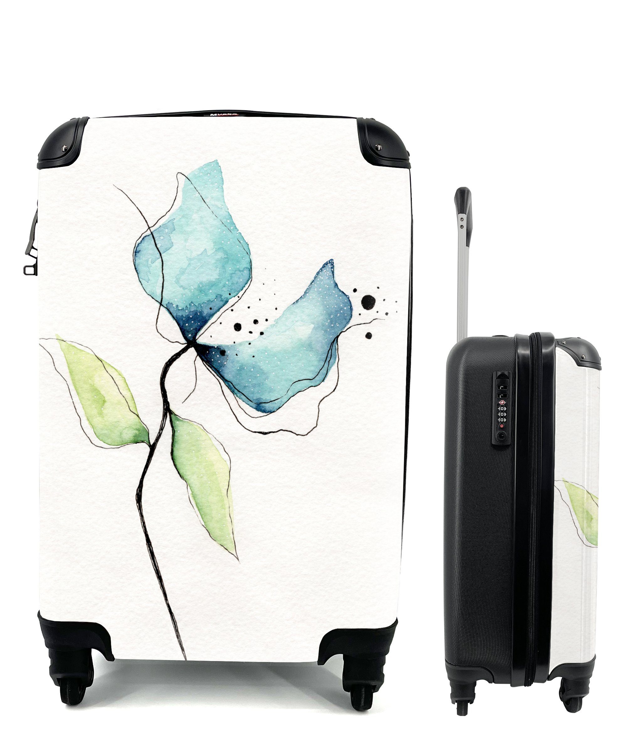 MuchoWow Handgepäckkoffer Blumen - Aquarell - Blau, 4 Rollen, Reisetasche mit rollen, Handgepäck für Ferien, Trolley, Reisekoffer