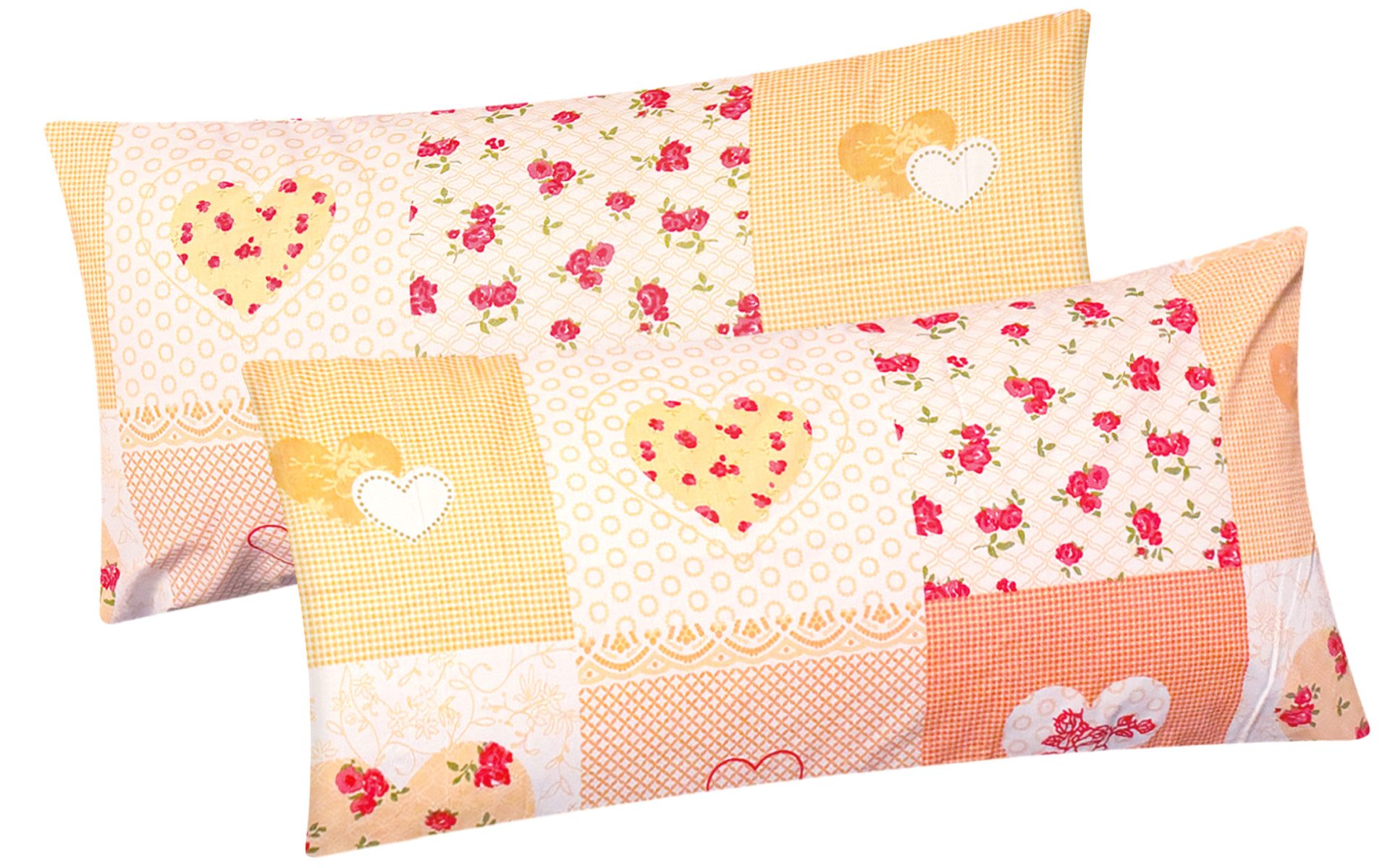 Heubergshop Kissenbezug, (2 Stück), 2er Set 40x80cm Baumwolle Landhaus Herzen Blumen Orange (422/7-40x80)