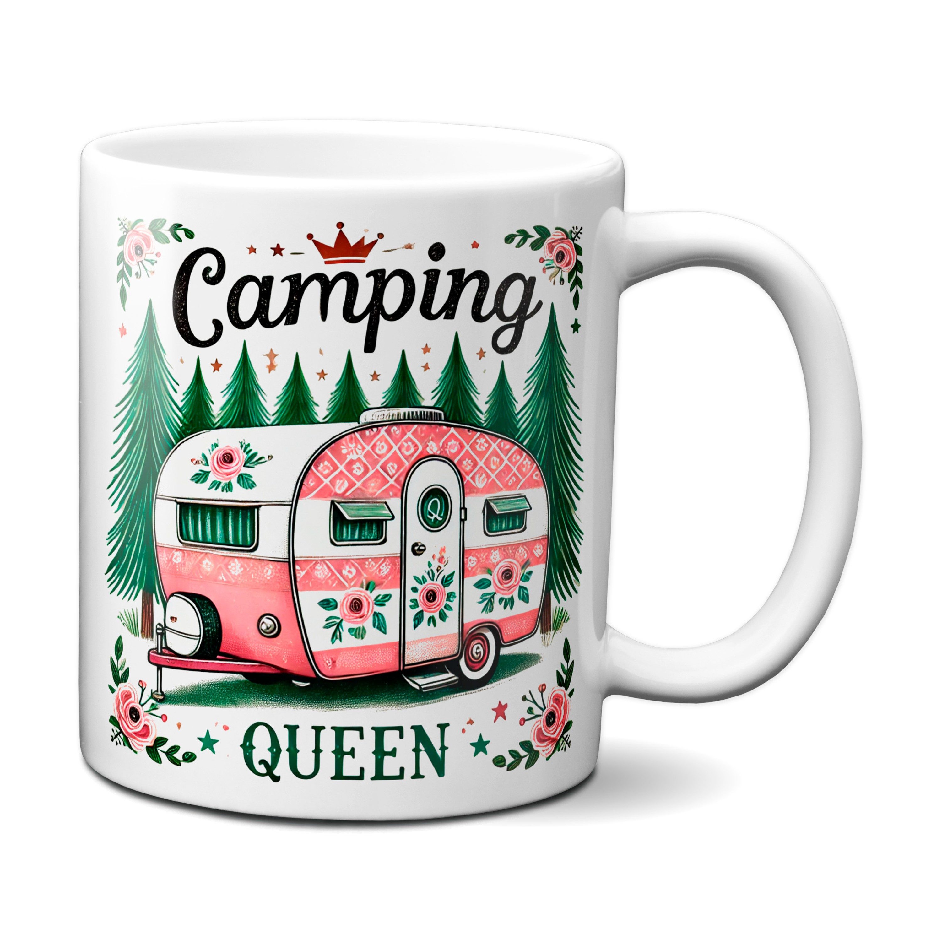 TASSENKING Tasse, Camping Queen Tasse mit Wohnwagen Motiv (weiß)