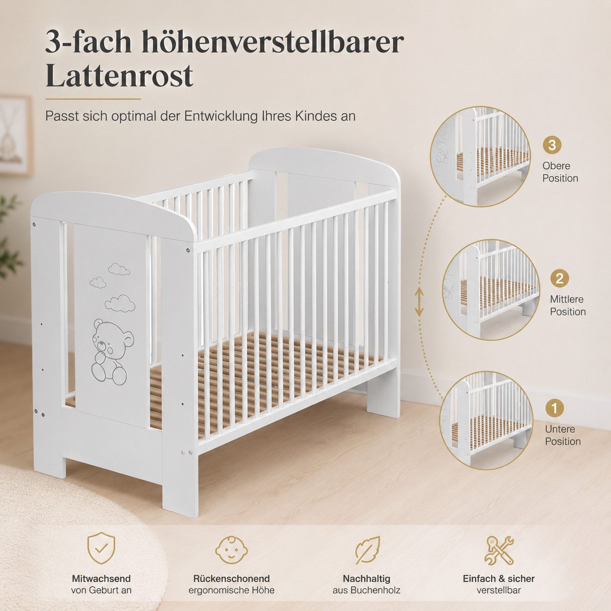 Best for Kids Babybett 120x60cm mit und ohne Matratze, 4-teilig, aus Buchenholz, 1-tlg., Kinderbett, Babybett 60x120 cm mit 3 herausnehmbare Schlupfsprossen
