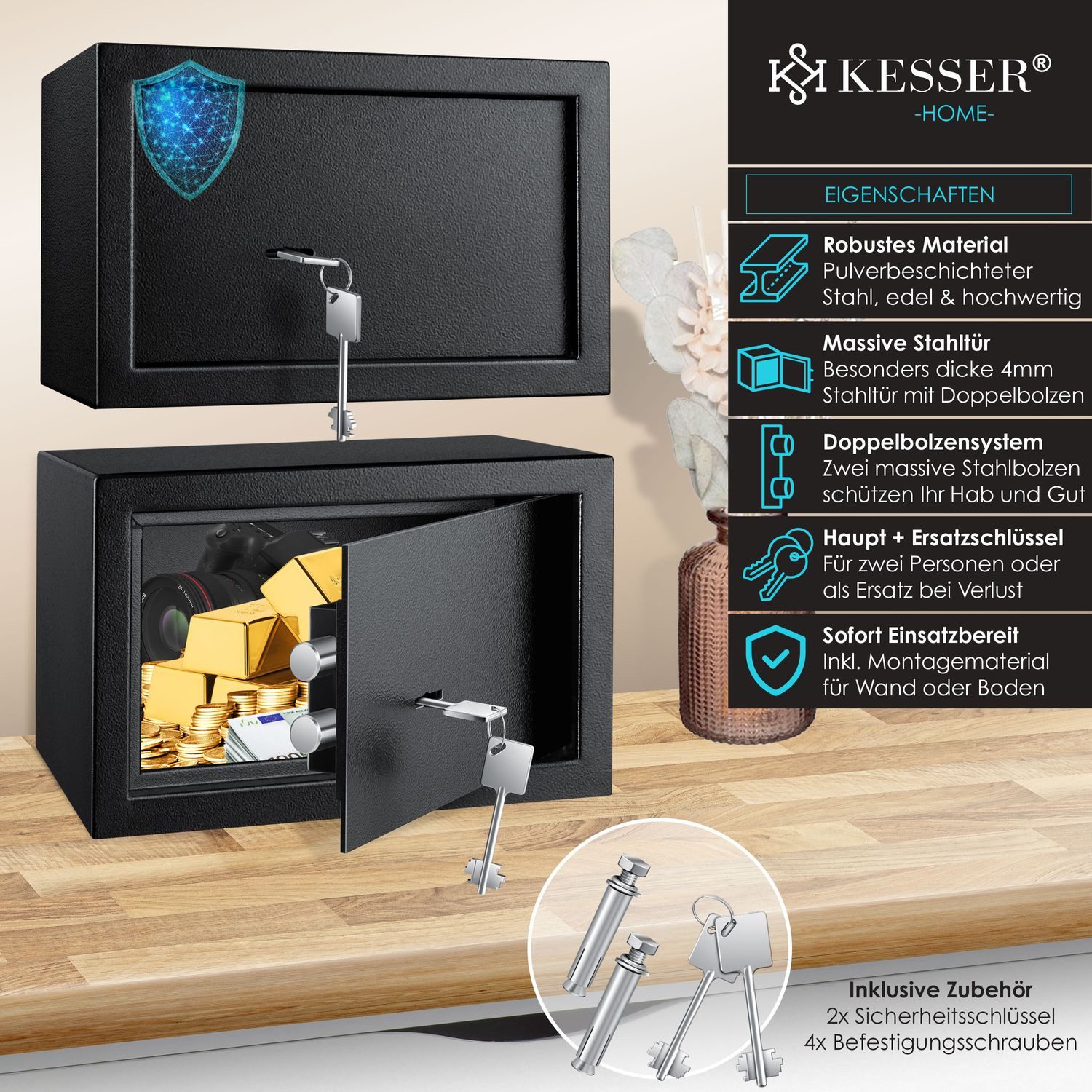 KESSER Tresor, Möbeltresor mit Doppelbartschloss, Safe Tresor Geldschrank