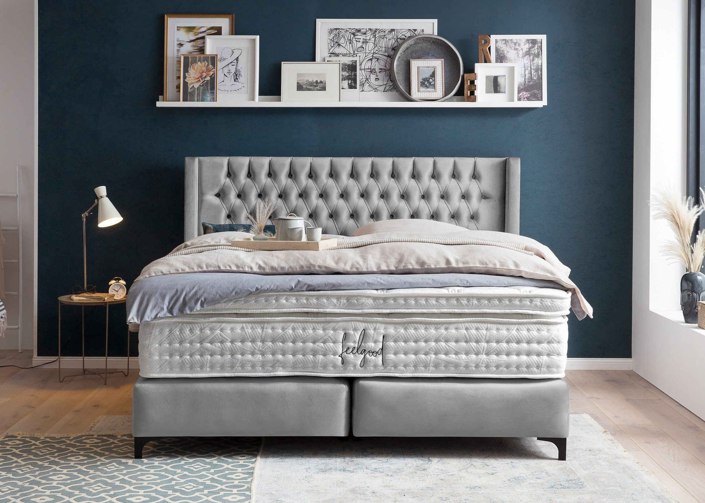 BettCo Boxspringbett Florida (in Grau Velours, 140 x 200 cm), Kopfteil mit Ohren, Topper optional, Metallfüße