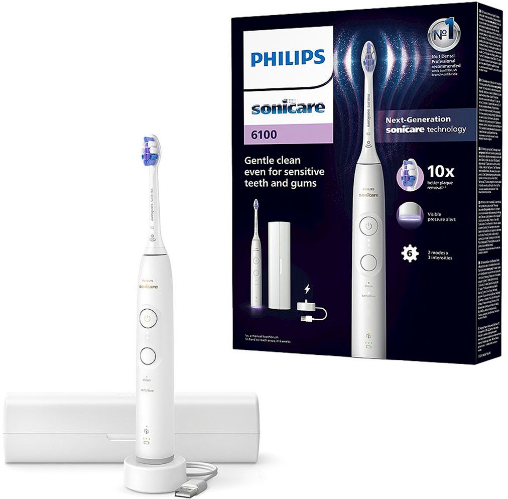 Philips Sonicare Elektrische Zahnbürste Series 6100, Aufsteckbürsten: 1 St., mit Andruckkontrolle, 2 Putzeinstellungen und 3 Intensitätsstufen