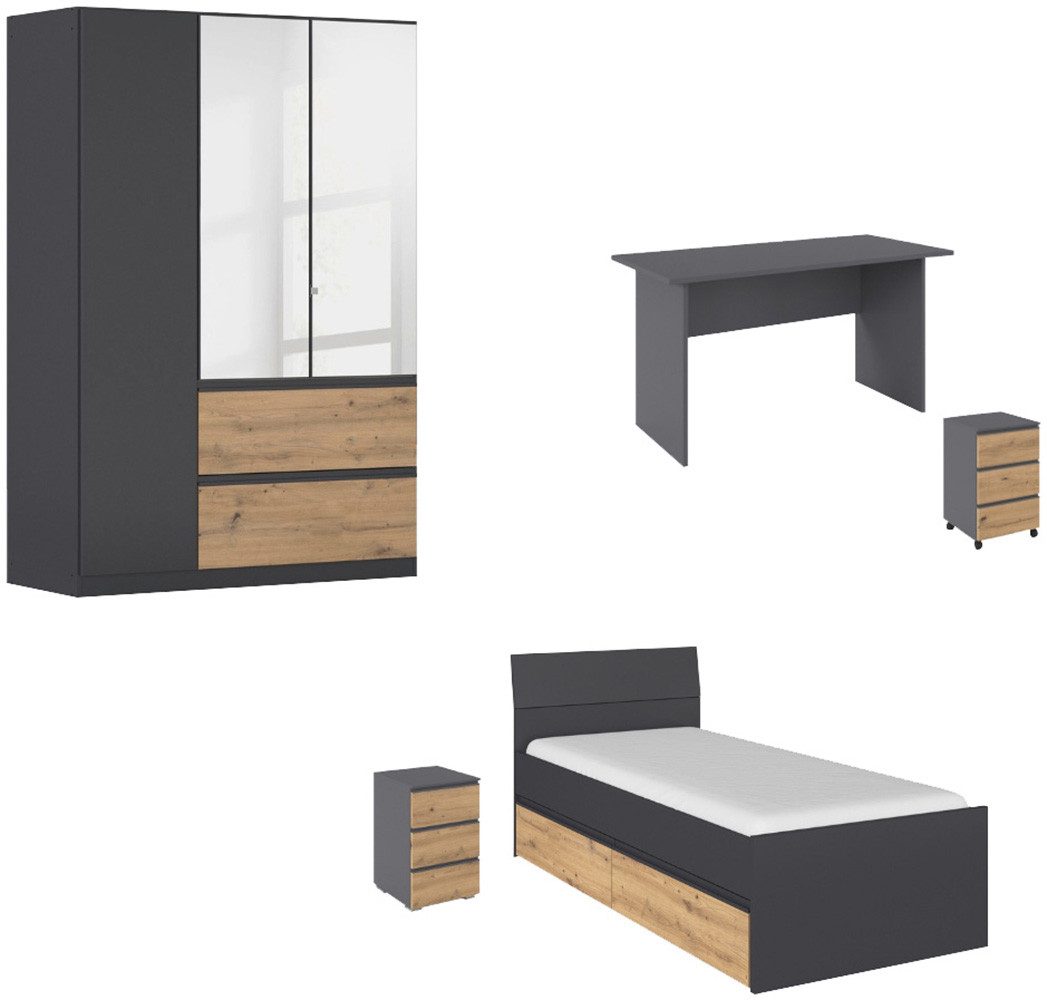 rauch Jugendzimmer-Set Komplettzimmer Schlafzimmer-Set (5-St) Jugendzimmer-Set JOEL, (Set, 5-tlg., Bett 90x200 oder 140x200 cm, Ausstattungspakete BASIC/CLASSIC/PREMIUM), Bett 2 Breiten,Nachttisch,Tisch,Rollcontainer,Schrank MADE IN GERMANY