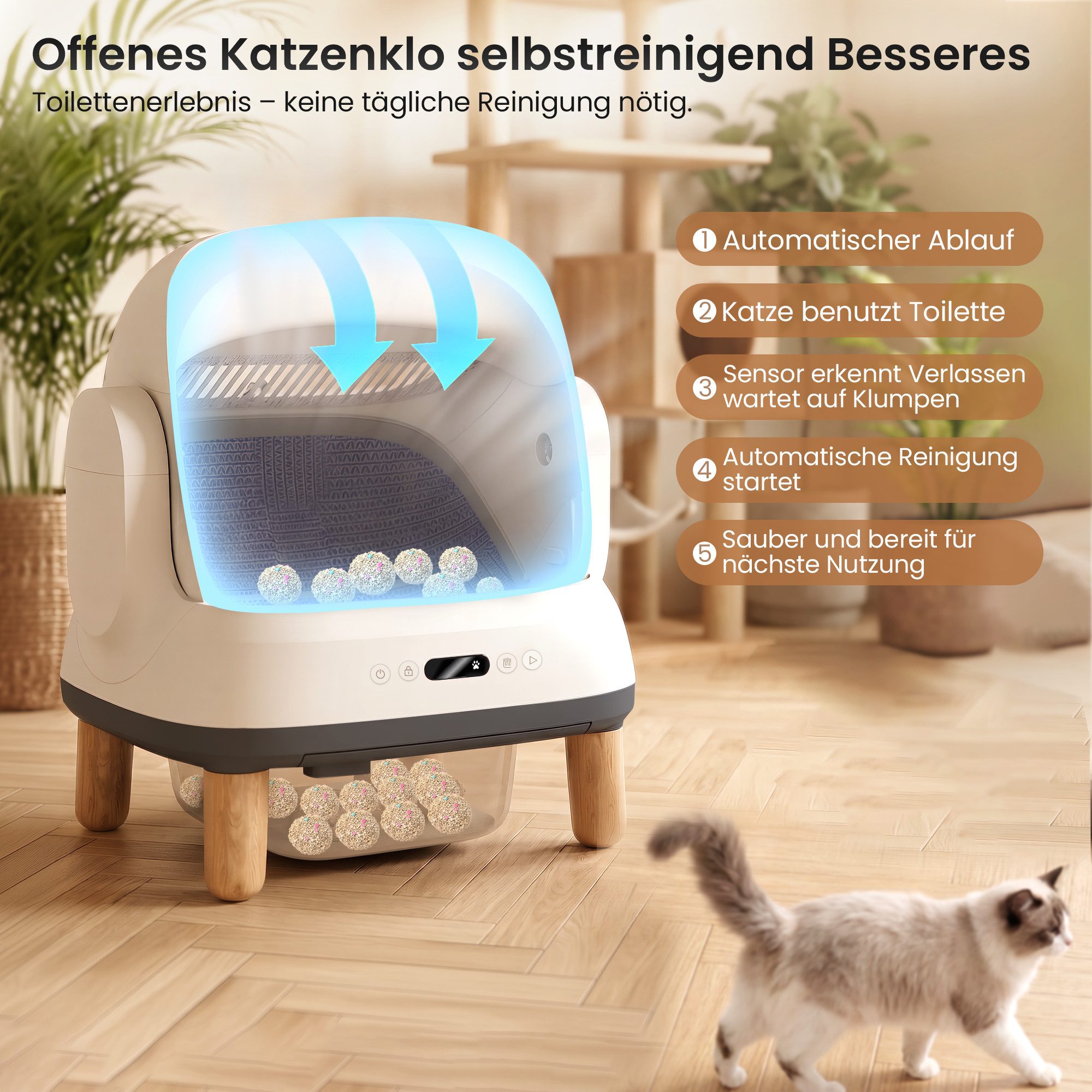 HOMALL Katzentoilette Offenes katzenklo selbstreinigend,17-fach Sensor-Sicherheitssystem, 12-Liter,15 Tage wartungsfrei,App-Steuerung,für mehrere katzen
