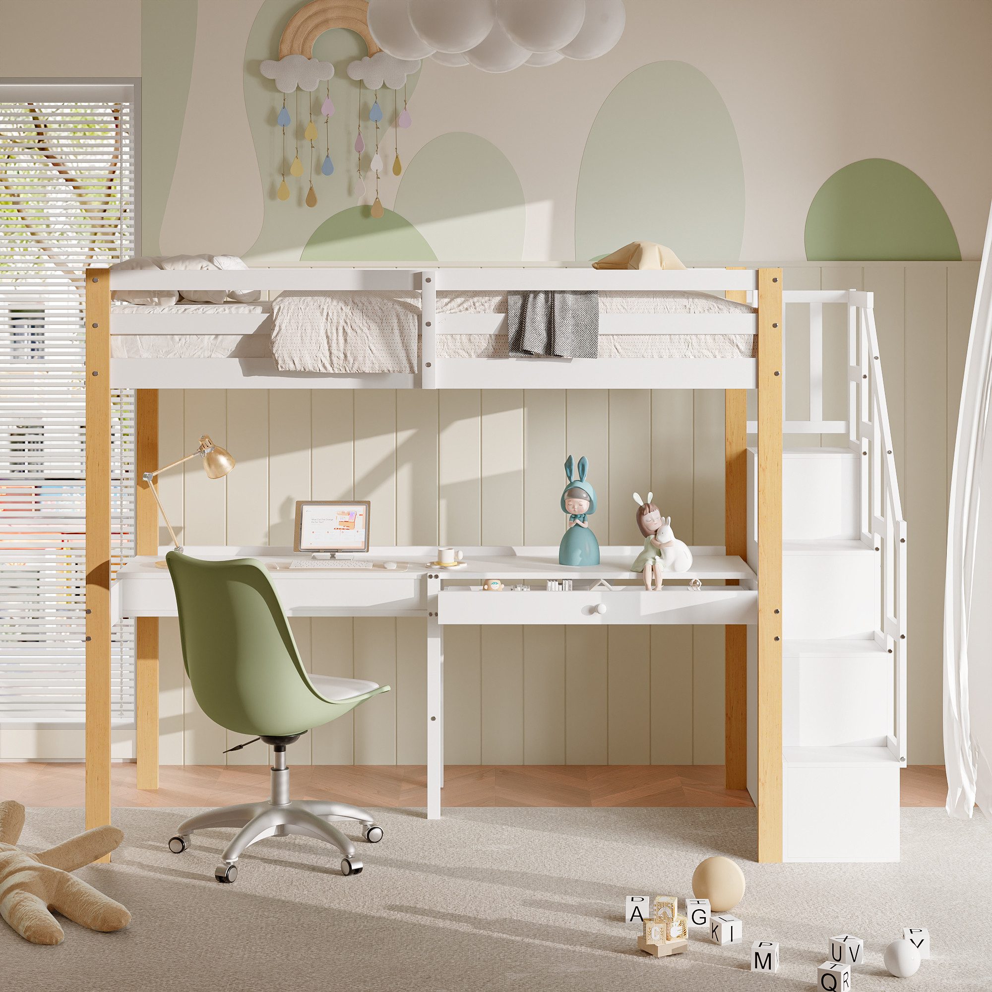 FUROKOY Hochbett mit Schreibtisch, Stauraumtreppe und günstig online kaufen