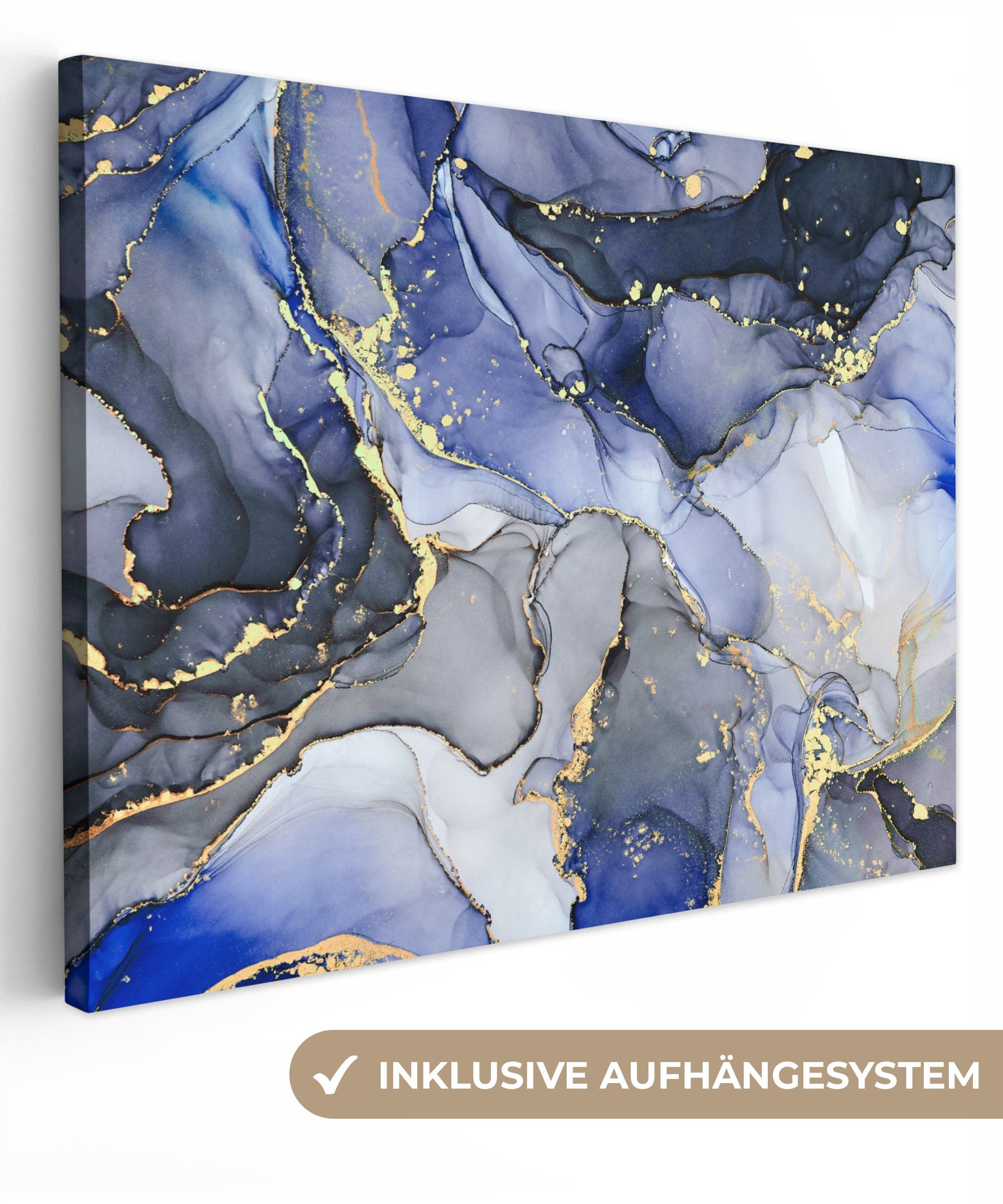 OneMillionCanvasses® Leinwandbild Marmor - Gold - Abstrakt - Blau, (1 St), Wandbild Leinwandbilder, Aufhängefertig, Wanddeko 40x30 cm