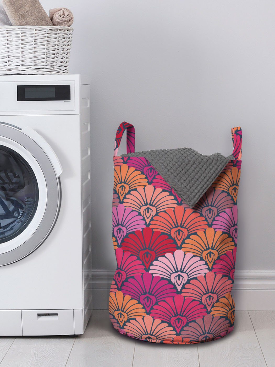 Abakuhaus Wäschesäckchen mit Wäschekorb Griffen für Halbkreisförmige Floral Motifs Waschsalons, Schuppe Kordelzugverschluss