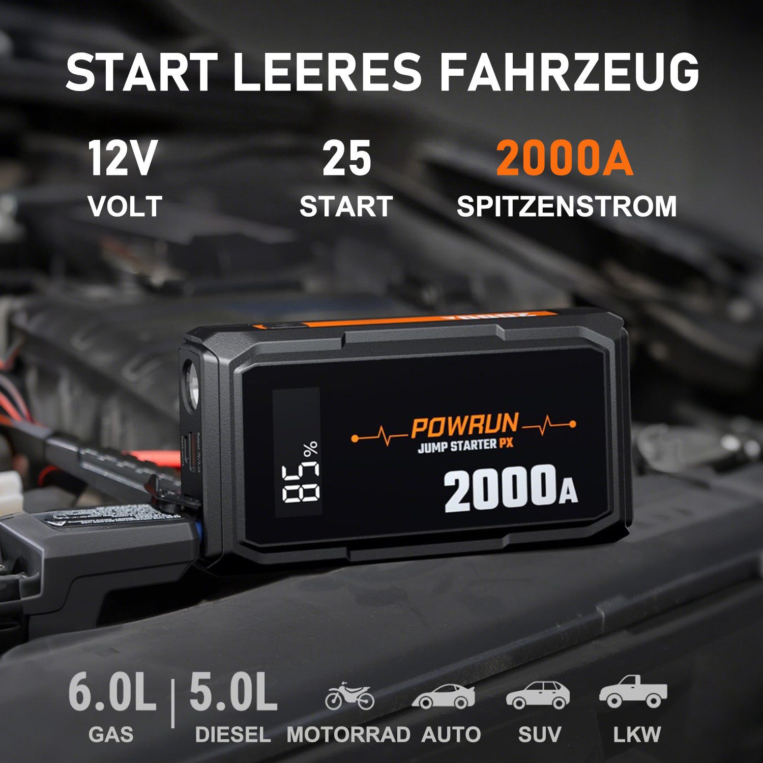 MOPUEA Jump Starter Power Bank 2000A with LED, LCD, USB, Car Battery Booster Car Battery Charger (10000 mA, Single Item, 1× Jump Starter, Cable, Bag, USB Cable, Instructions, 2000A Starting Current, LCD, Power Bank, LED, Protection System)