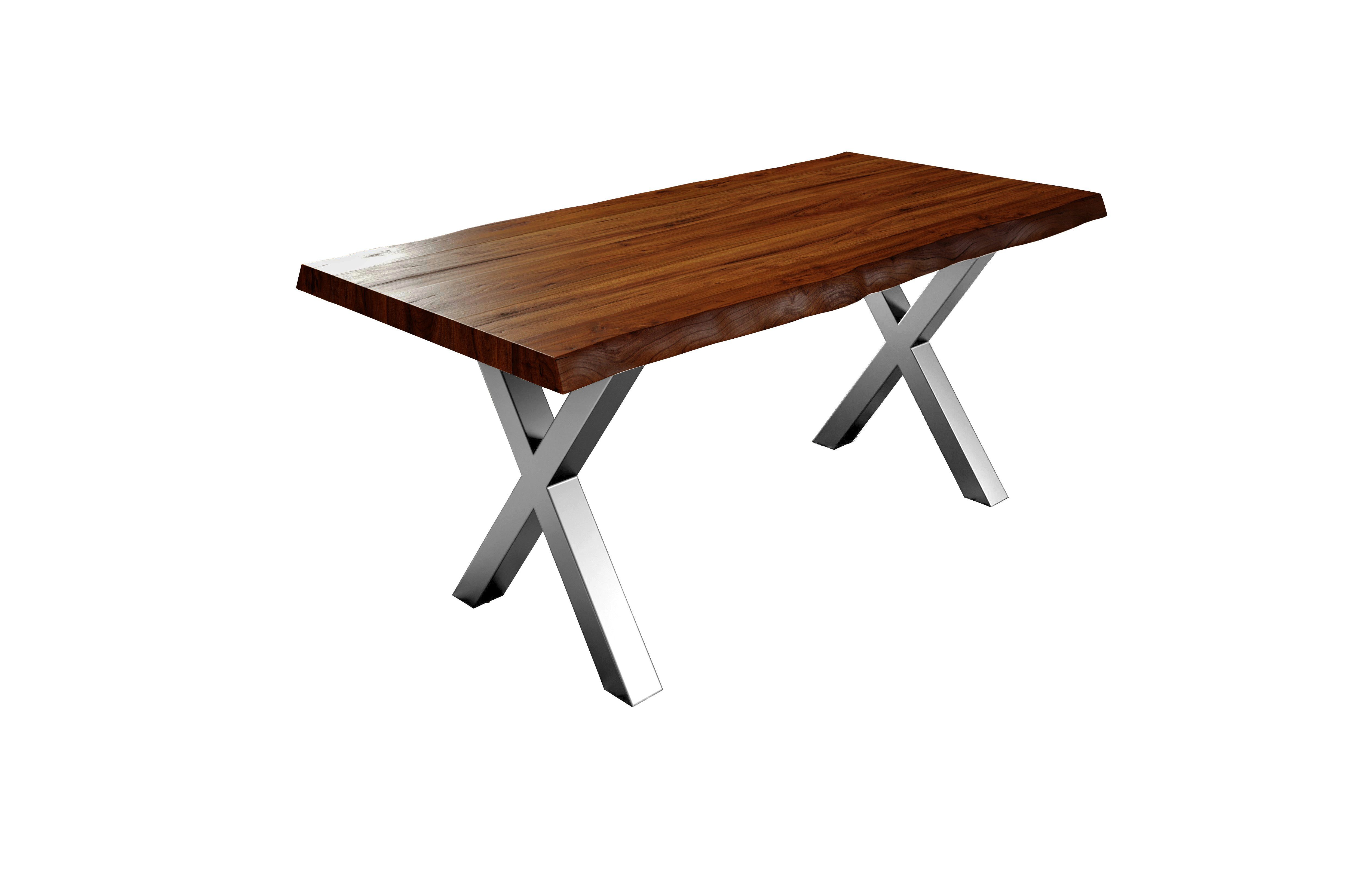 Junado® Baumkantentisch 50mm, Baumkante natürliche Akazie Stärke Massivholz, Silberfarben Tischplatte | Nussbaumfarben Xerez