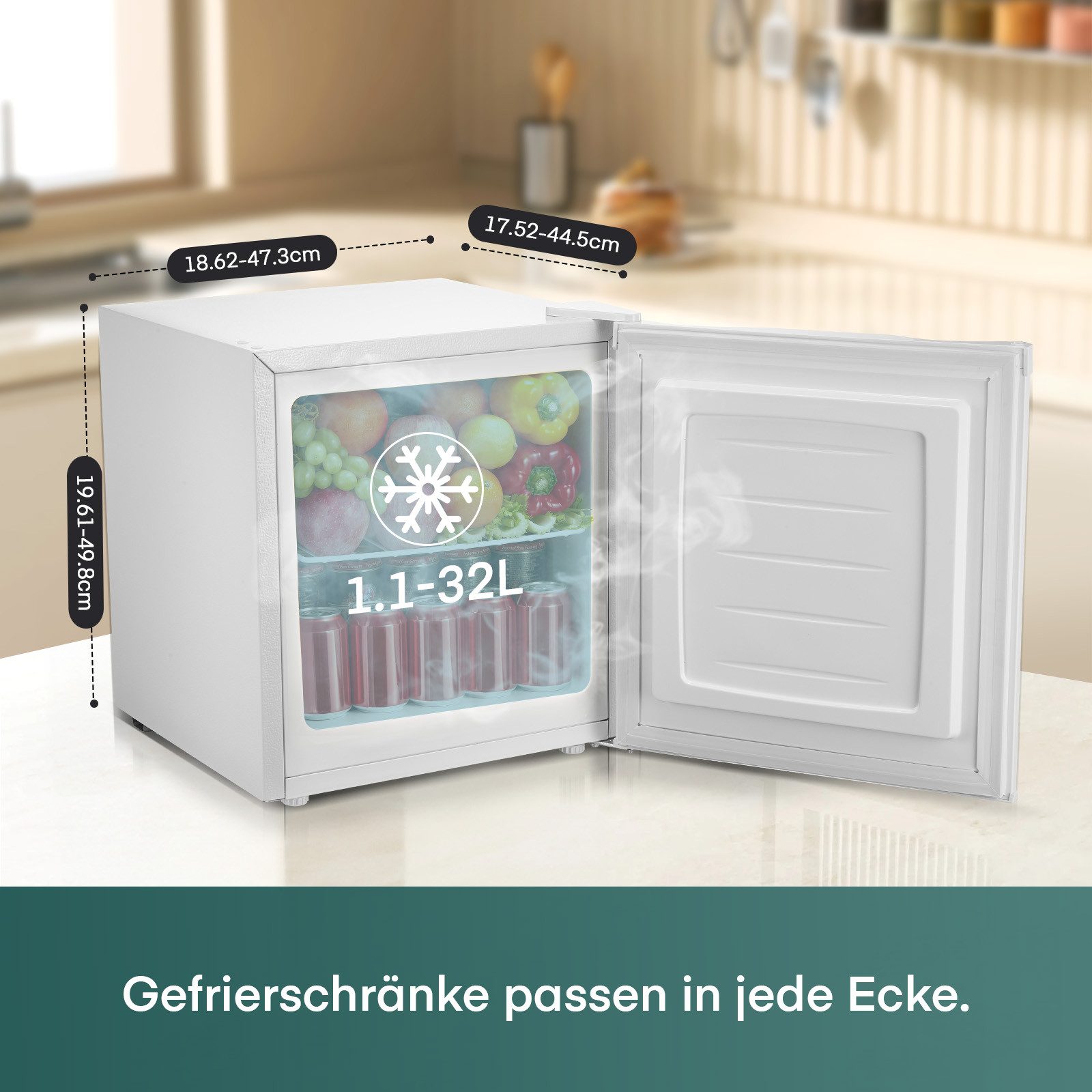FOHERE Gefrierschrank BD-32, 49.8 cm hoch, 47.3 cm breit, Türanschlag, verstellbare Füße und herausnehmbare Einlegeböden