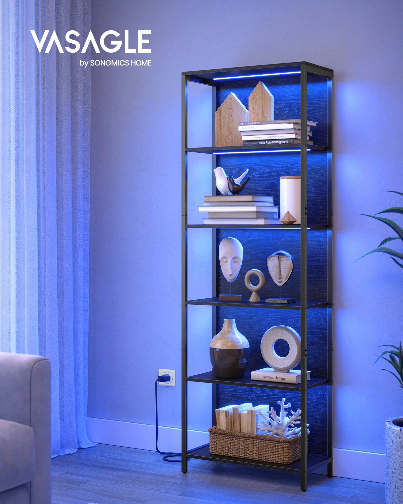 VASAGLE Bücherregal Standregal mit 5/6 Ebenen, aus Stahl, mit 6 Ebenen, 30,3 x 60 x 178,6 cm, für Wohnzimmer, Schlafzimmer – Bild 2 von 5