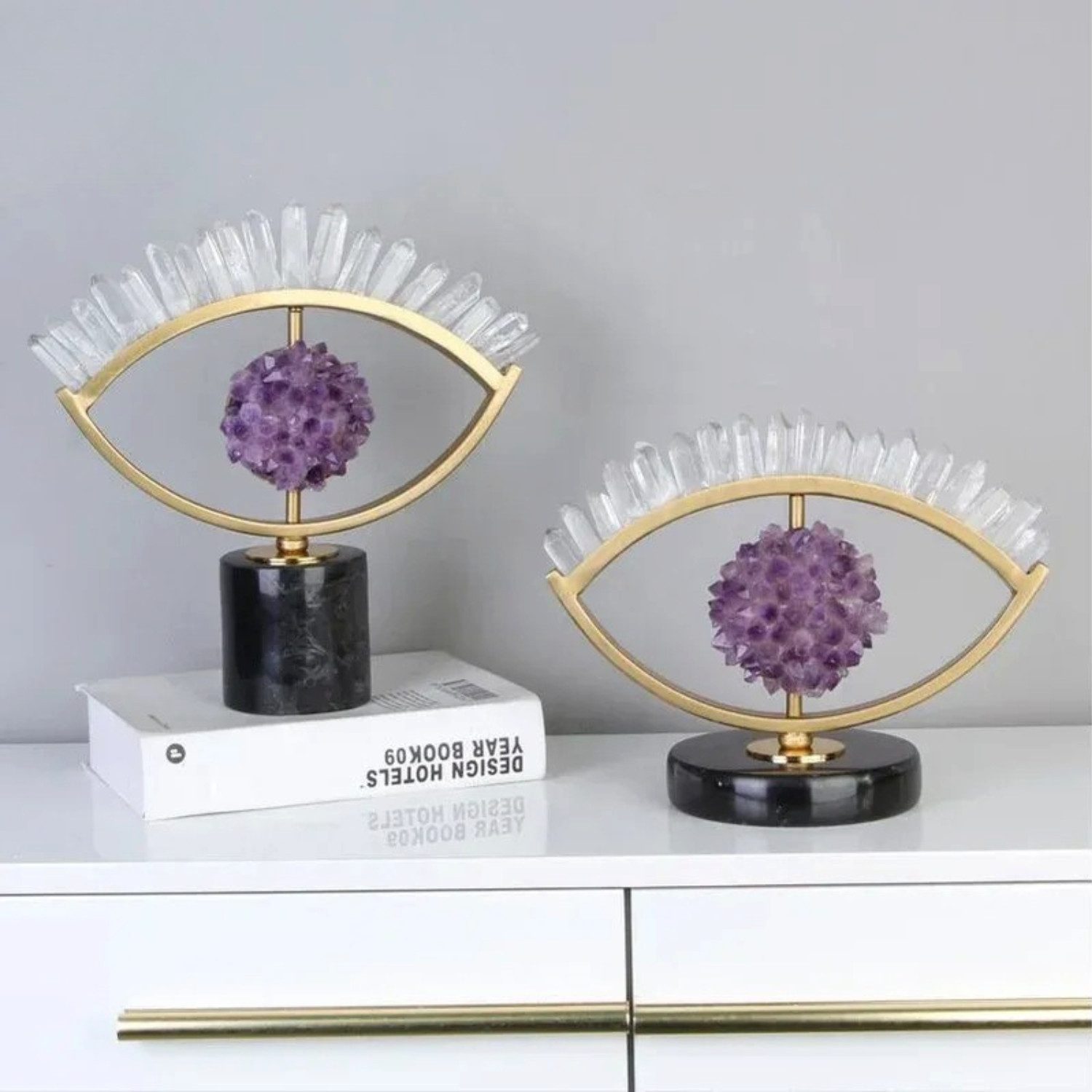 Quality Elegance Skulptur 2er Set Luxus Amethyst Skulpturen Gold Auge Marmor Deko (2 St)