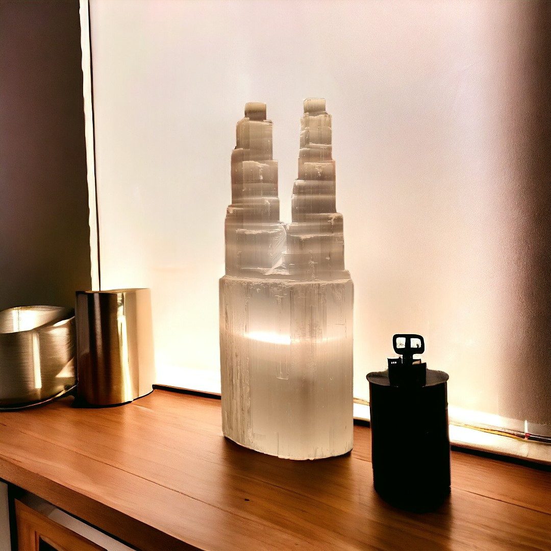 Landster Nachttischlampe Selenite Turm Lampe Zwillingsturm tischleuchte Kristall Tischlampe