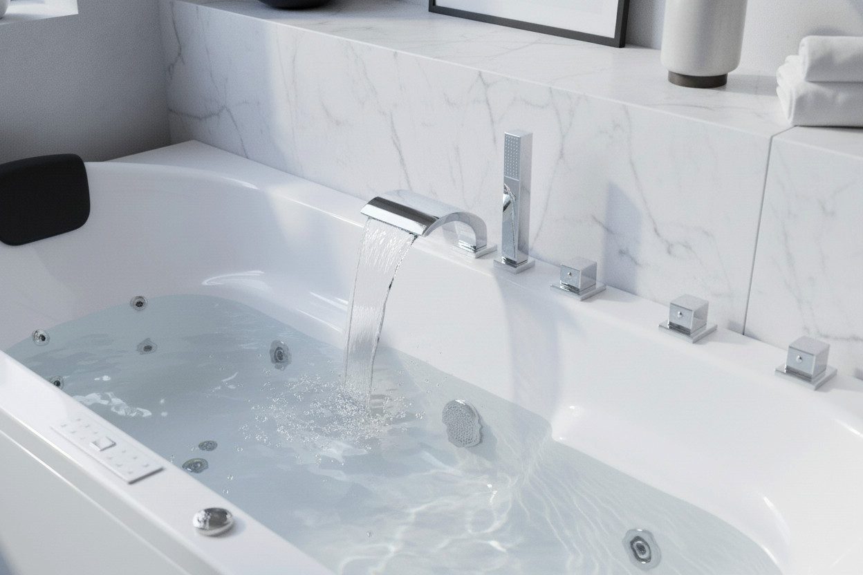 Caribia Whirlpool-Badewanne Komfort Premium / 180x80 - 20 Düsen Wasserfall, LED & Bluetooth