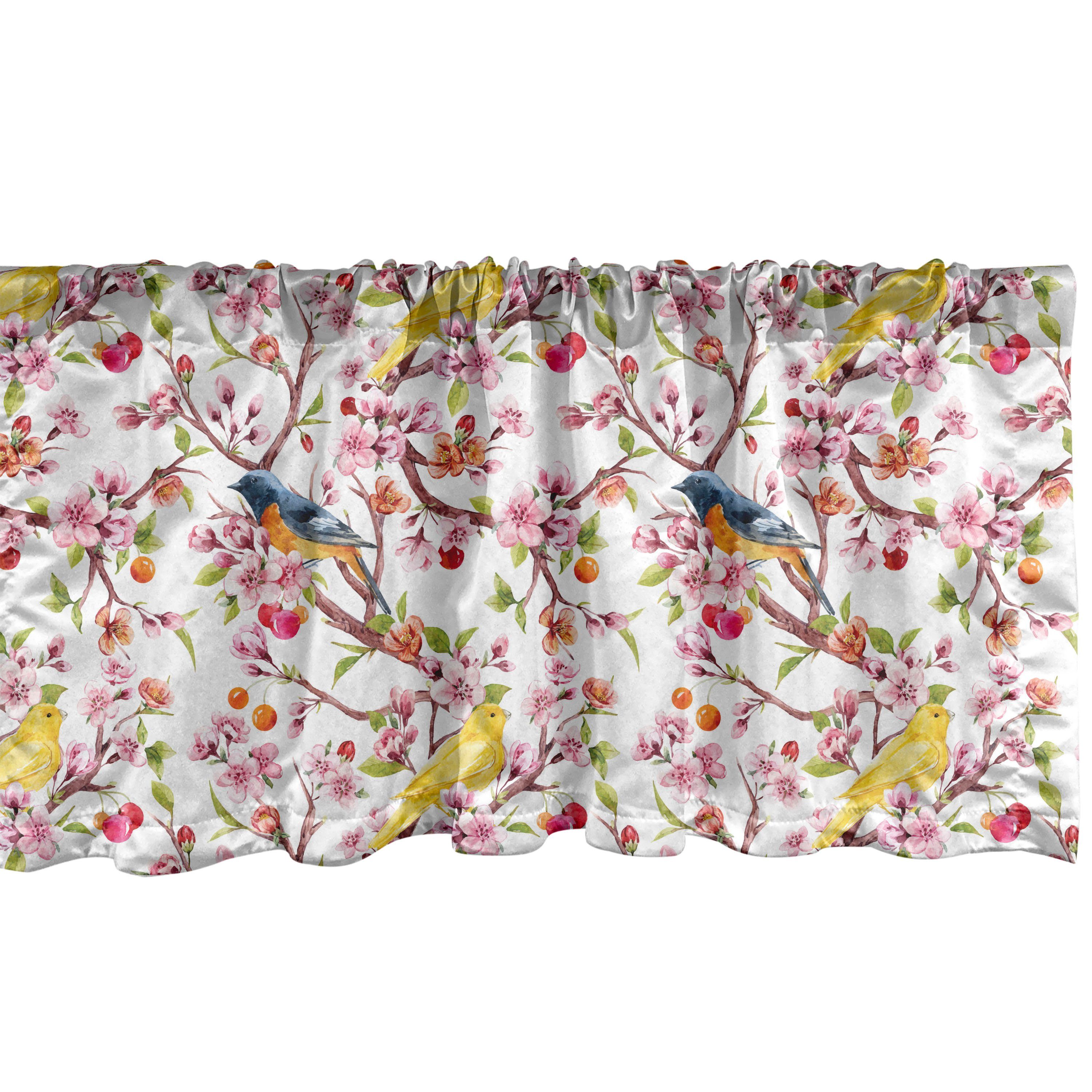 Scheibengardine Vorhang Volant für Küche Schlafzimmer Dekor mit Stangentasche, Abakuhaus, Microfaser, Frühling Sakura Zweige und Vögel