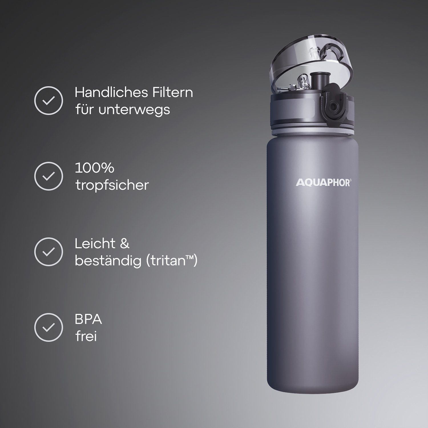 für Aktivkohle mit AQUAPHOR Wasserfilter unterwegs, 500 IBPA Flasche Filter Trinkflasche I Farbe: I ml., mit frei grau