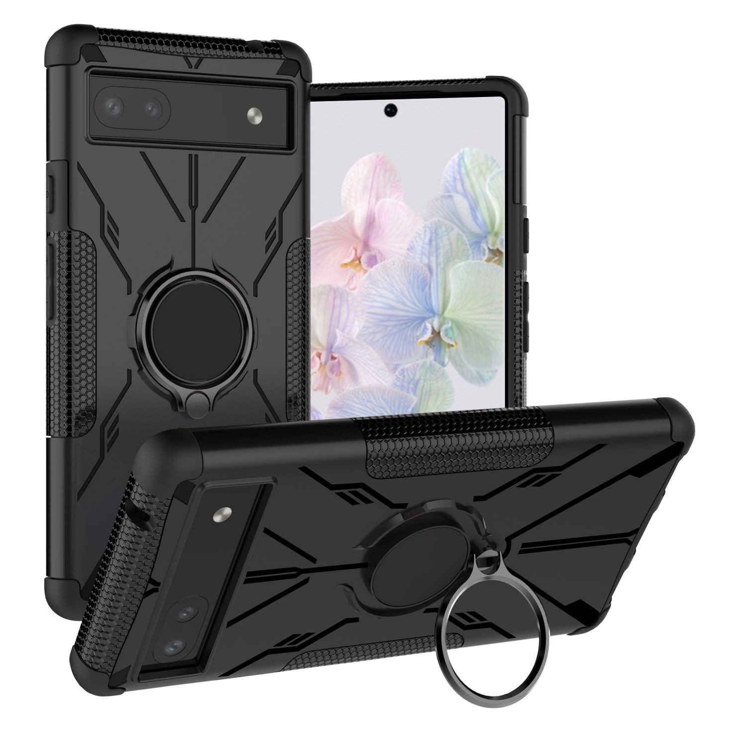 Wigento Handyhülle Für Google Pixel 6a Design Ring Hybrid Cover Handy Hülle Etuis Schwarz