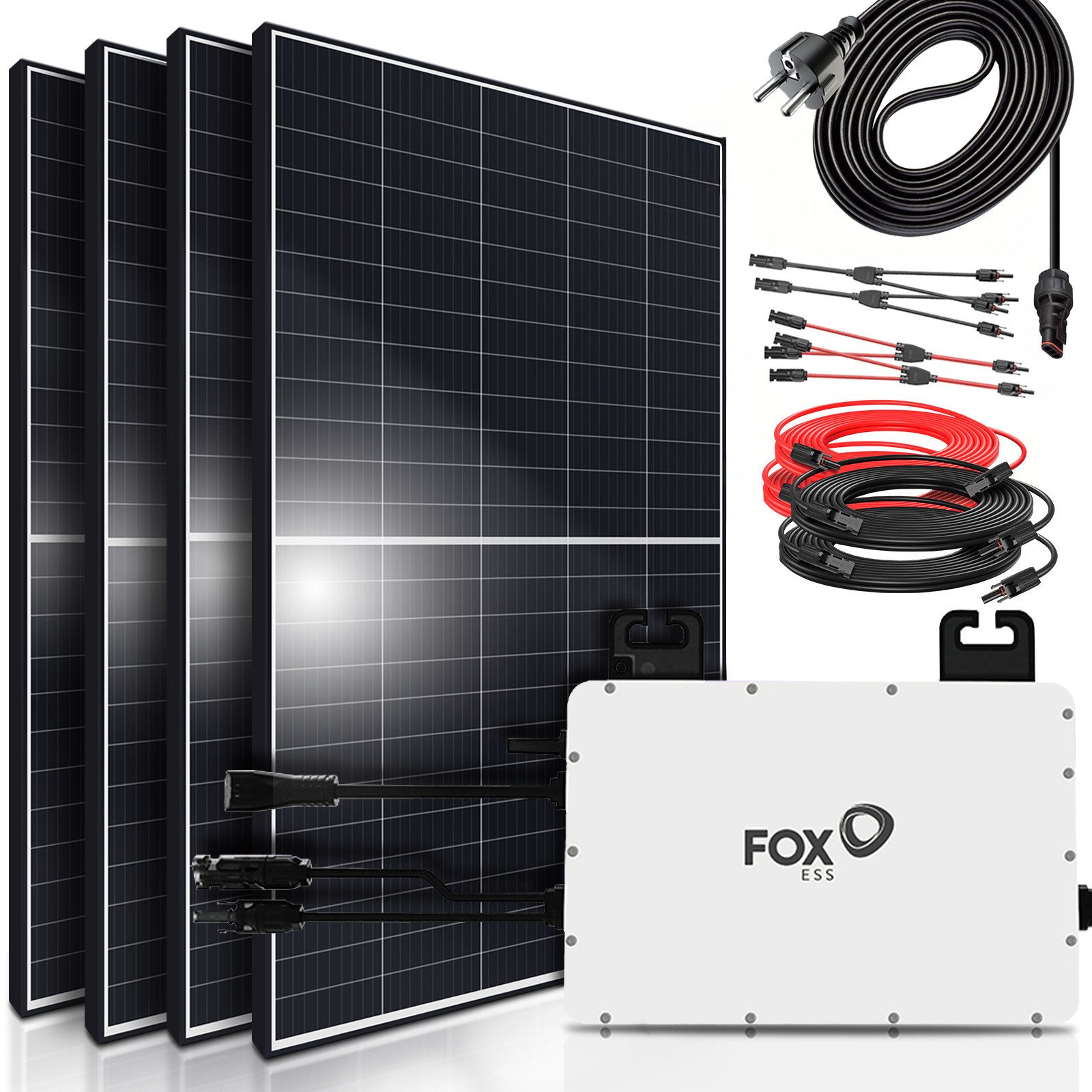SUNNIVA Balkonkraftwerk 1700W/800W komplett Steckdose, (FOX ESS 800W Micro Wechselrichter - PV Solaranlage Komplettset, 4x 425W (1700W) Solarmodule, inkl.5m Kabel, Y-Verteiler, Bluetooth, WIFI)