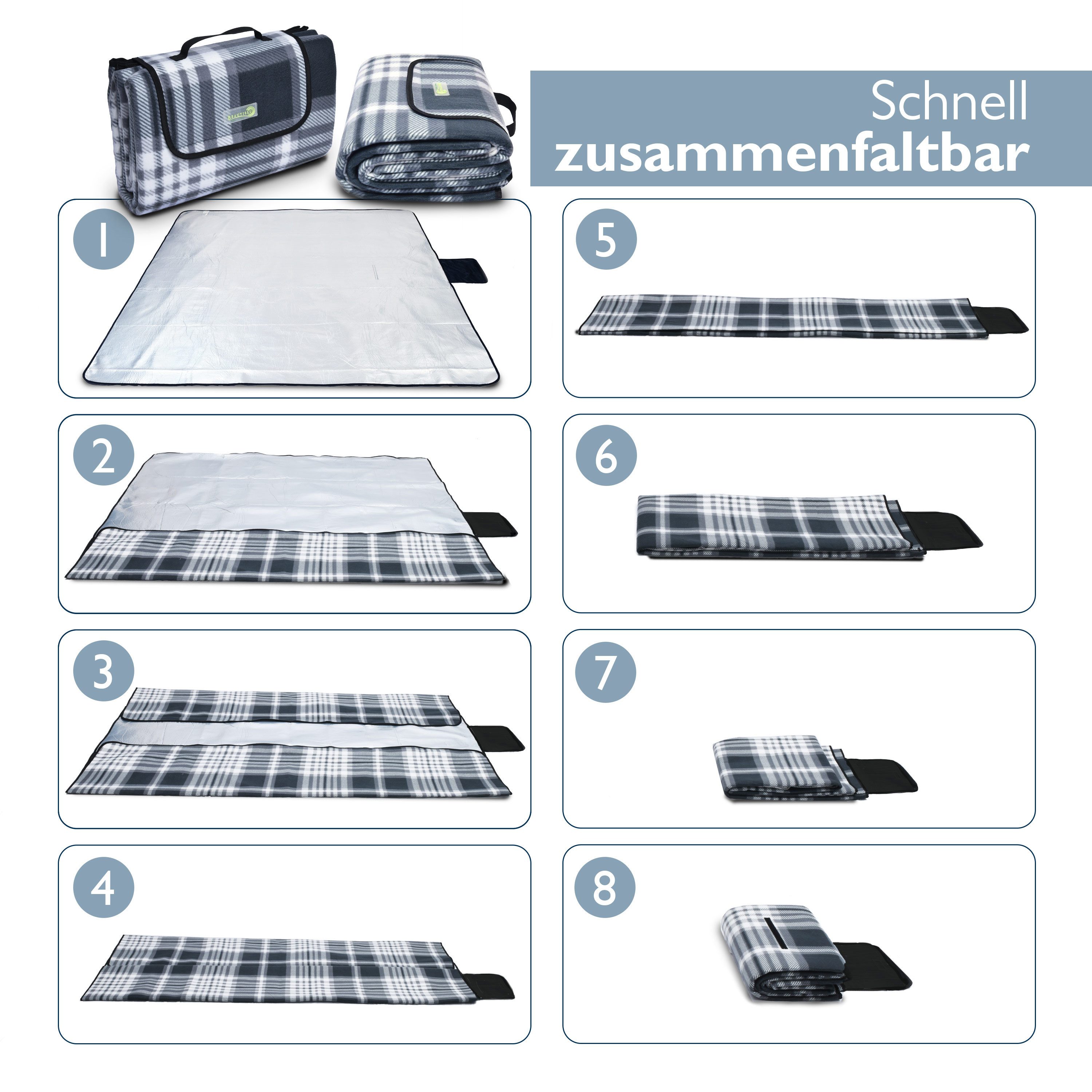 Picknickdecke XXL Picknickdecke Wasserdicht Isoliert Bella, 200x200cm, Grau, Beautissu, Strandmatte Outdoor Decke für Camping Wandern Reisen Schwimmbad – Bild 5 von 5