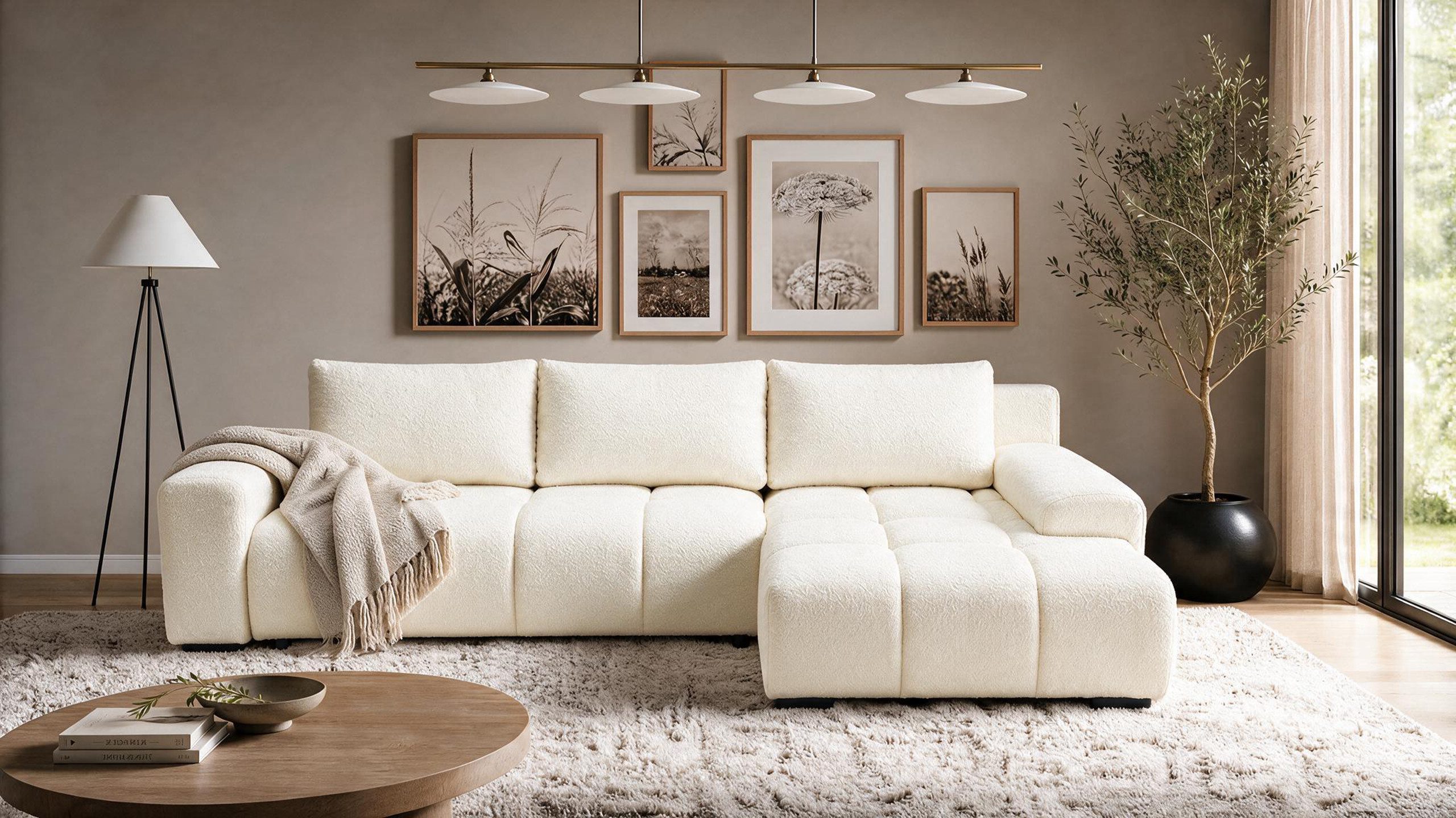 storez24 Ecksofa Ovia, mit Bettkasten und Schlaffunktion, Bouclé-Stoff, L-Form, bequem