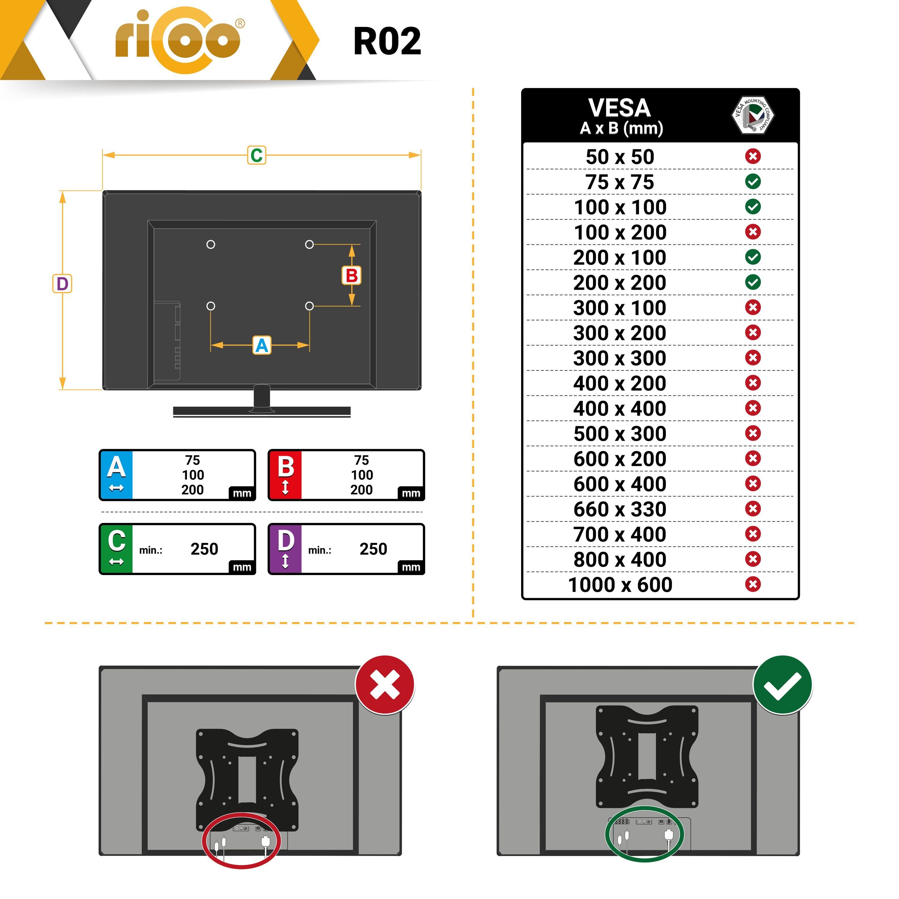 RICOO R02 TV-Wandhalterung, VESA Zoll, 37 universal schwenkbar neigbar 200x200) (bis Fernseher ausziehbar