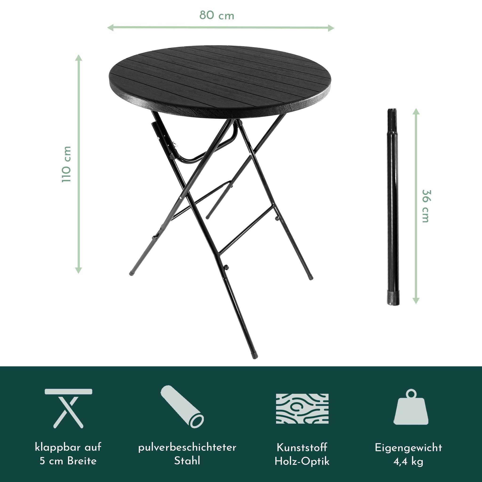 Lemodo Stehtisch klappbar 80x110 cm schwarz Holz-Optik, Kunststofftischplatte (1 Tisch), Arbeitshöhe: 110 cm, Tischplatte: 80 cm