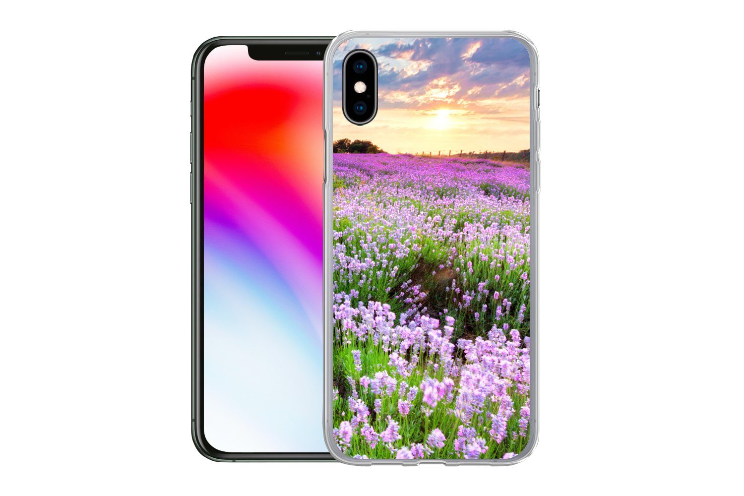 MuchoWow Handyhülle für Apple iPhone XS Blumen - Lavendel - Lila - Himmel - Sonnenuntergan, Smartphone-Bumper, Print, Handy Schutzhülle Dünn