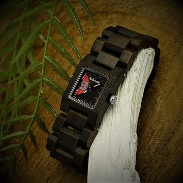 Holzwerk Quarzuhr ELDINGEN Damen Holz Uhr, Eckiges Design, braun, schwarz & rot