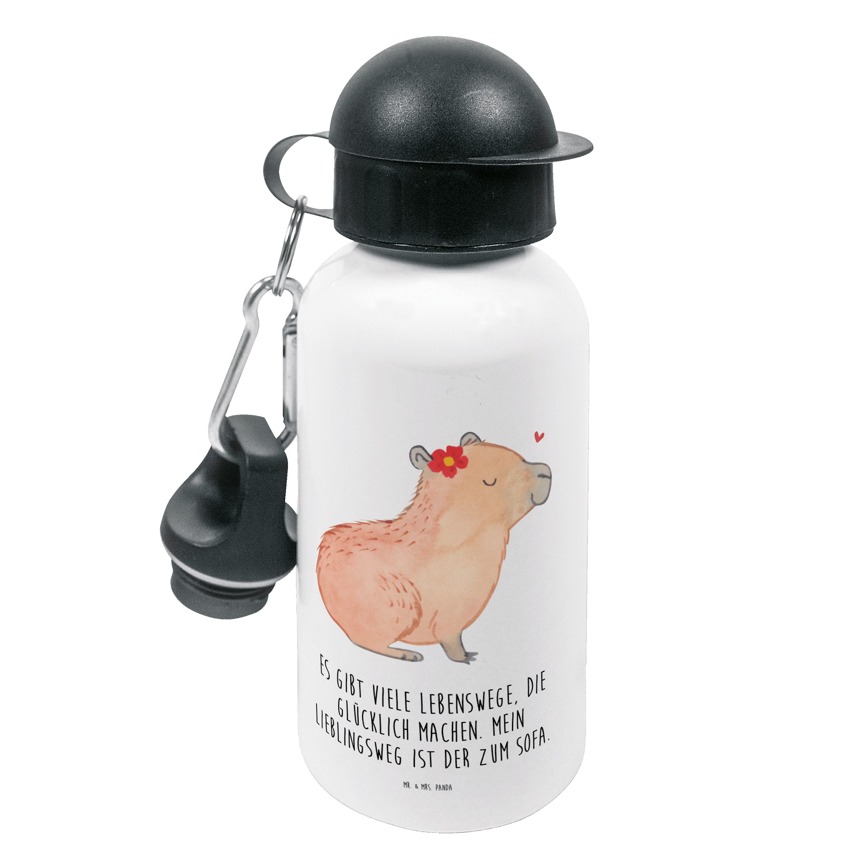 Mr. & Mrs. Panda Trinkflasche Capybara Blume - Weiß - Geschenk, Kindertrinkflasche, Tiermotive, lus