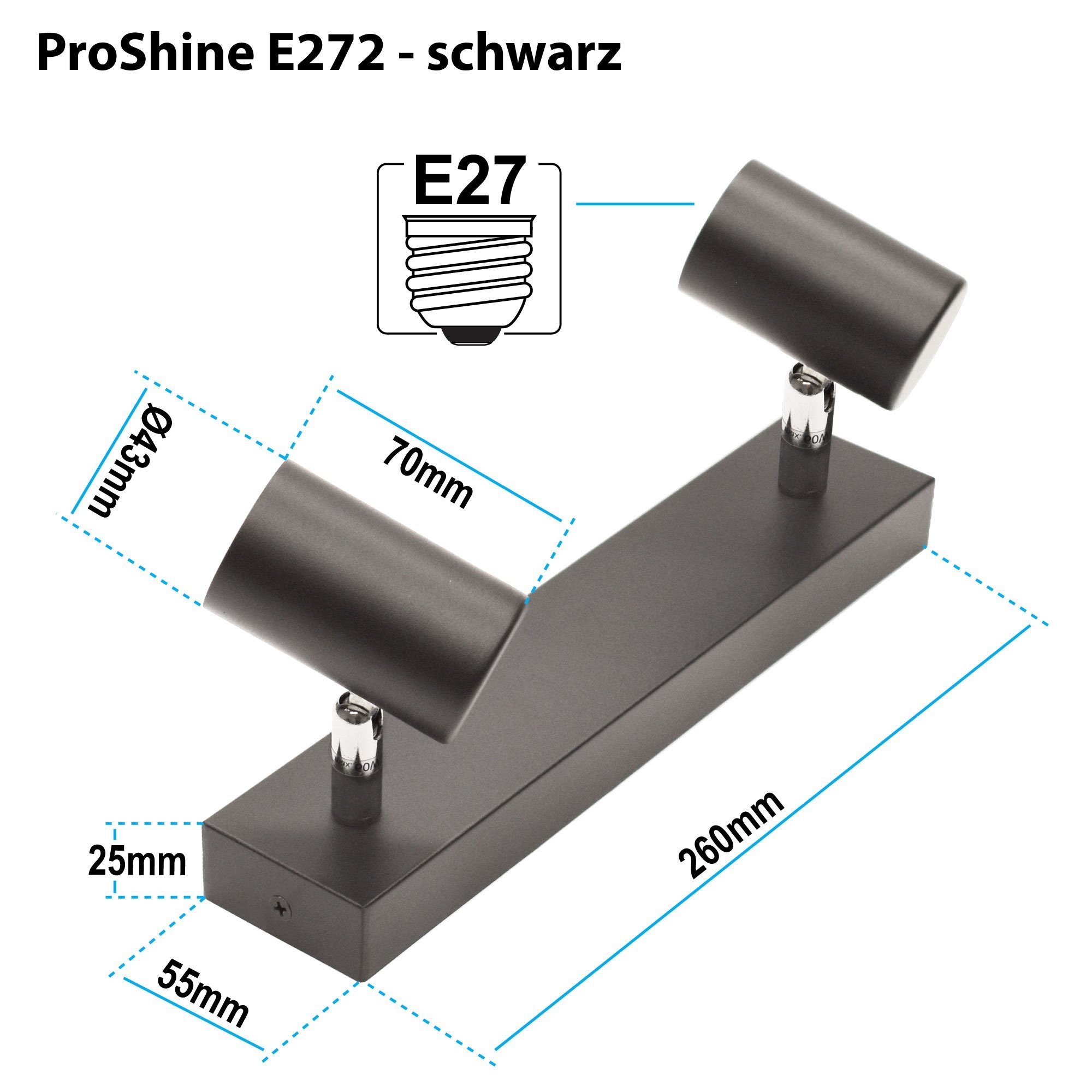 Maxkomfort Deckenstrahler proShine-E272, ohne Leuchtmittel, Rostfrei, Deckenstrahler, Deckenleuchte, Wandstrahler, E27, Wandleuchte, schwarz schwenkbar