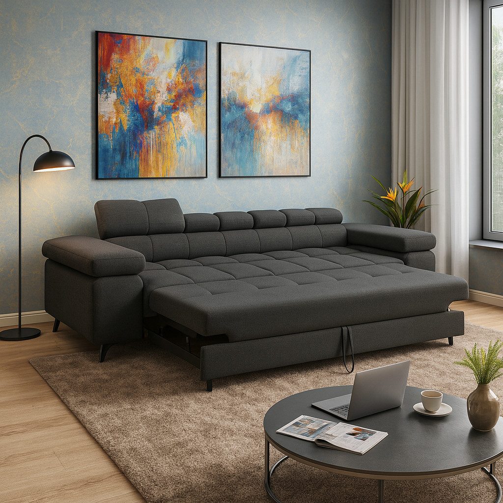 M-Punkt24 Polstergarnitur Sofa 3-2-1 mit Schlaffunktion, (Samtstoff Anthrazit Bigsofa, mit Kopfteilverstellung / Rückenverstellung), bestehend aus 3-Sitzer, 2-Sitzer, Sessel