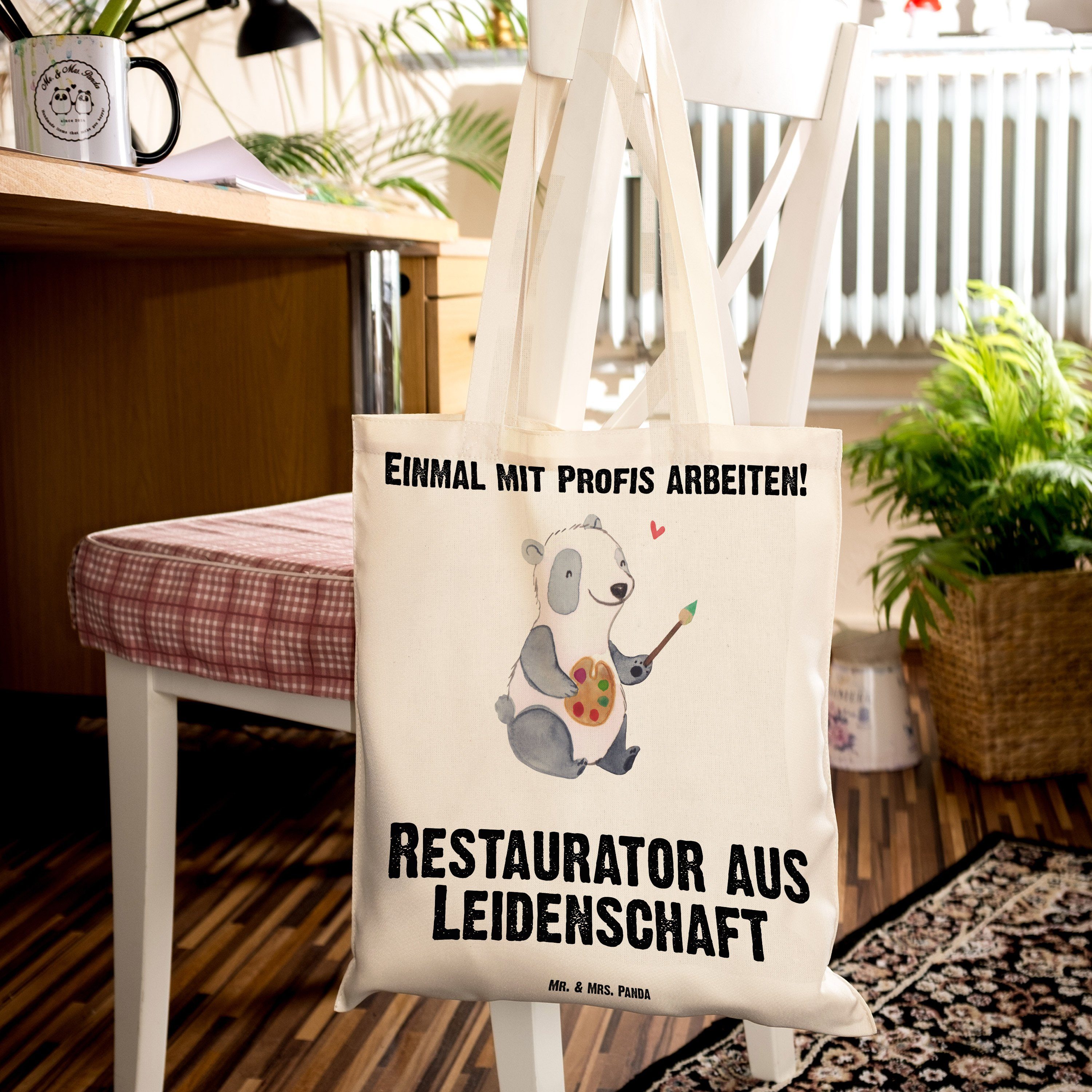 & Leidenschaft Tragetasche aus (1-tlg) Geschenk, - Restaurator Panda Stoffbeutel, Mrs. Transparent - F Mr.