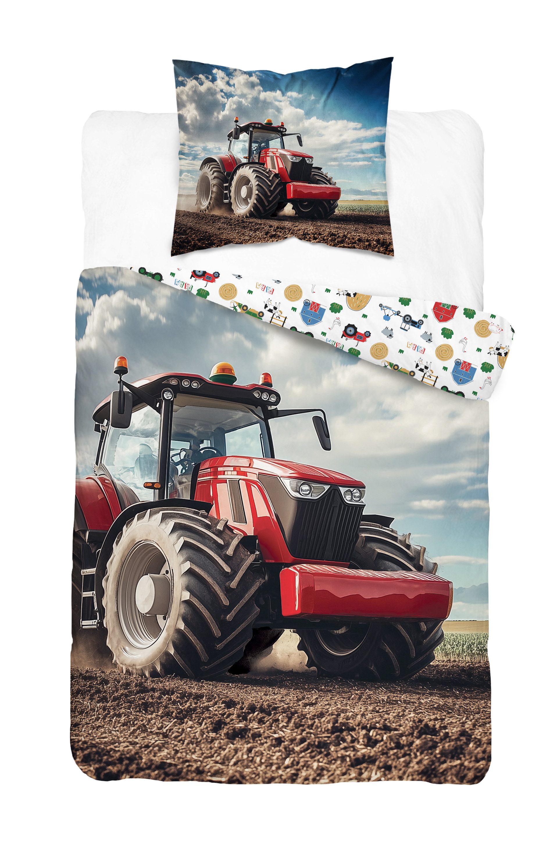 Detexpol Bettwäsche Set Traktor Rot Farm Größe: 140 x 200 cm, 70 X 90 cm, 100% Baumwolle, 100% Baumwolle, 2 teilig