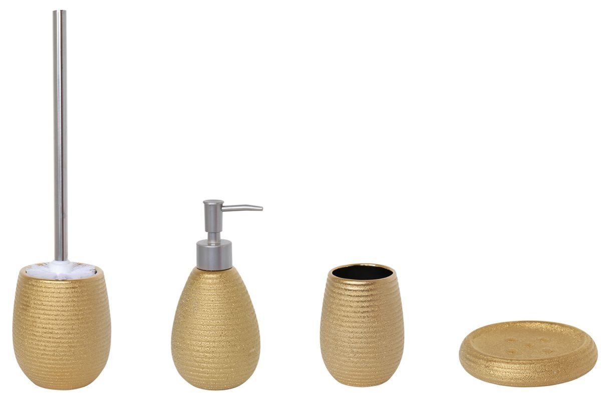 MSV Badaccessoires-Sets OMAN, Zubehör-Set aus Keramik, mit erhabenem Rillenmuster, elegante Gold Glanzoptik, Glitter Effekt, 4 tlg., bestehend aus: WC-Bürste, Seifenspender, Zahnputzbecher, Seifenschale