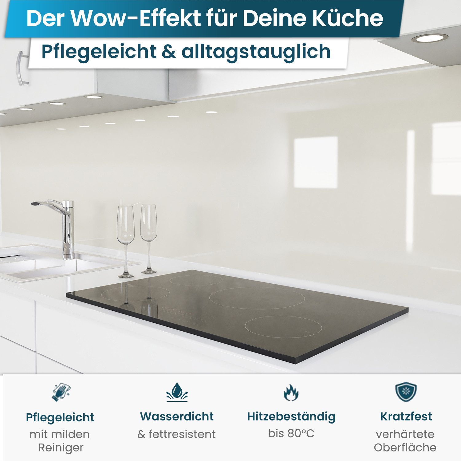 danario Küchenrückwand Folie selbstklebend, Glasoptik, Spritzschutz Küche, ablösbar - 0,8 mm