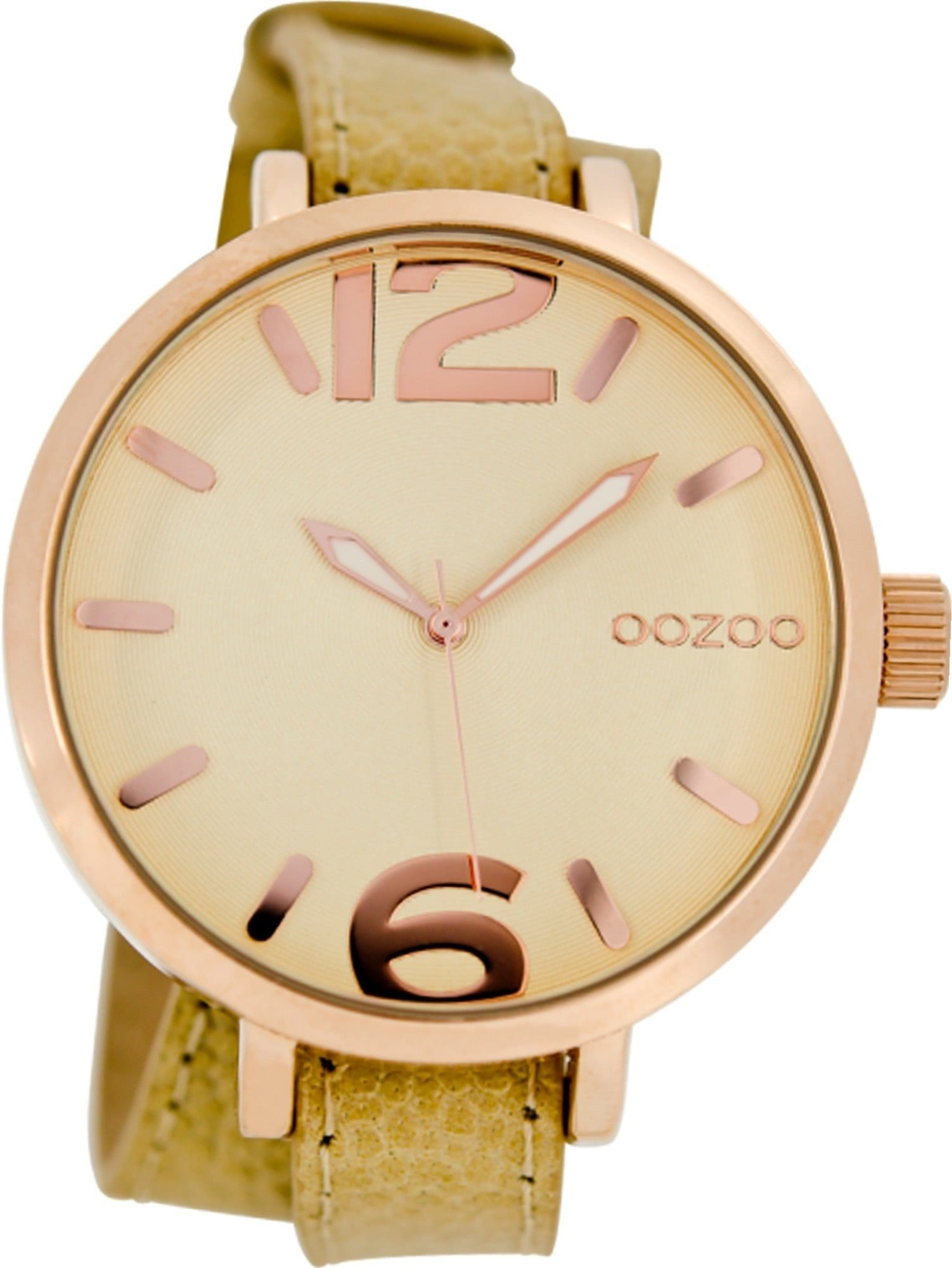 OOZOO Quarzuhr Oozoo Quarz-Uhr Damen rose Timepieces, Damenuhr Lederarmband beige, braun, rundes Gehäuse, groß (ca. 45mm)