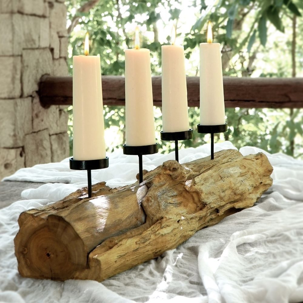 LebensWohnArt Kerzenhalter Natürlicher Kerzenhalter BRANCH 70cm Teakholz Advent Kerzen