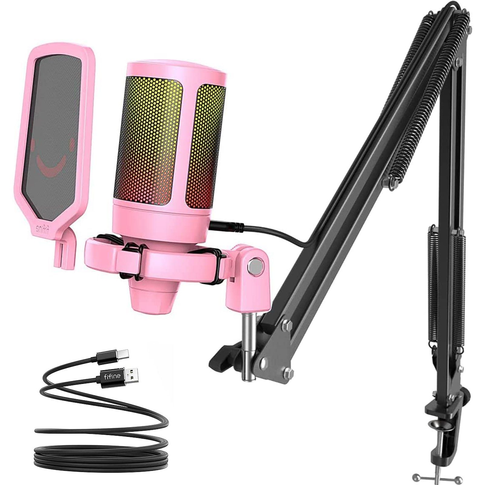 FIFINE Mikrofon USB Mikrofon Streaming mit Arm Kondensator Mikrofon Set PC Gaming RGB, Stummschalttaste, Popfilter und Stoßdämpferhalterung, Pink