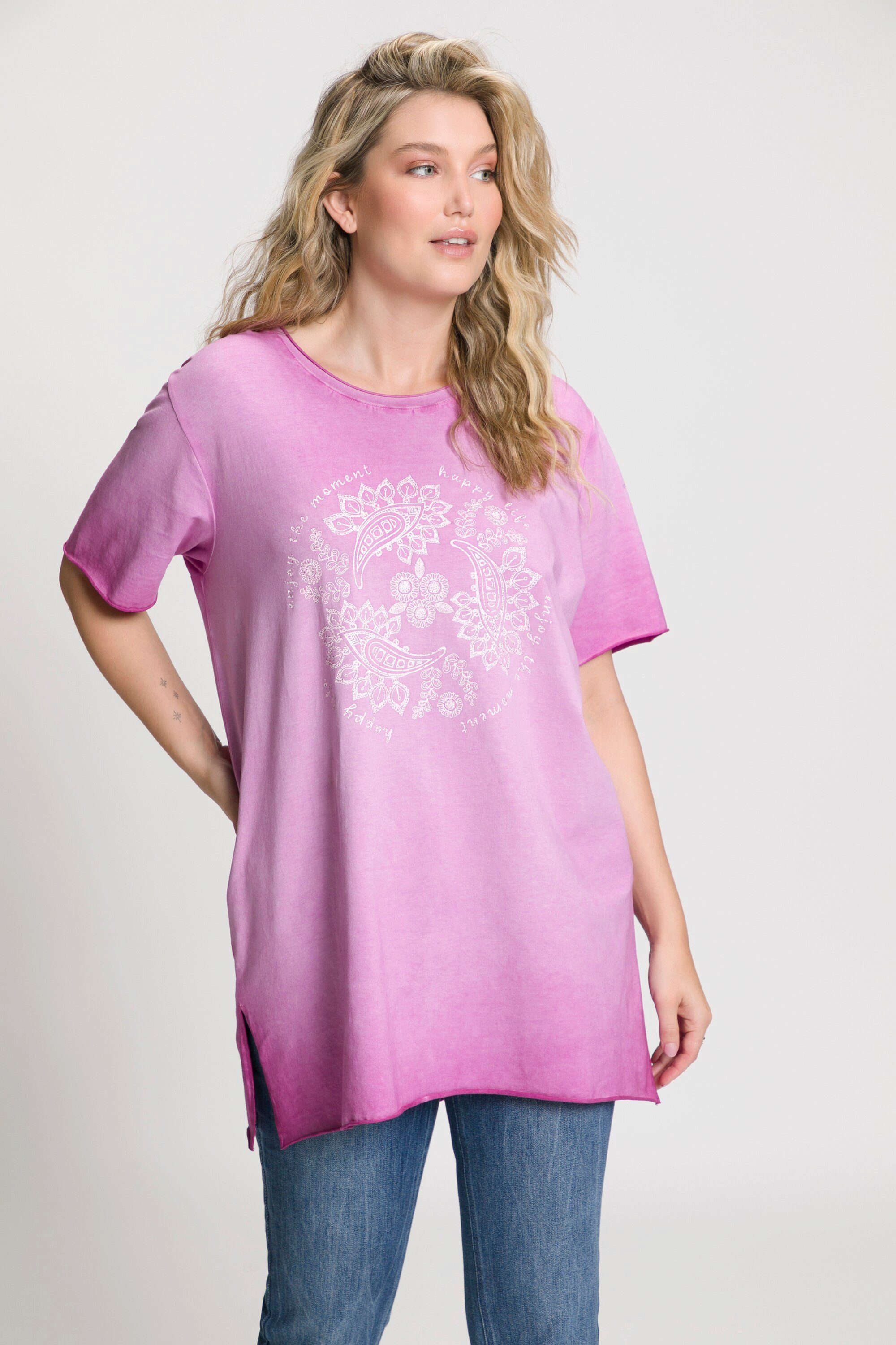 Ulla Popken Rundhalsshirt Shirt Paisley Ziernaht Rundhals 3/4-Arm magnolienrot | T-Shirts