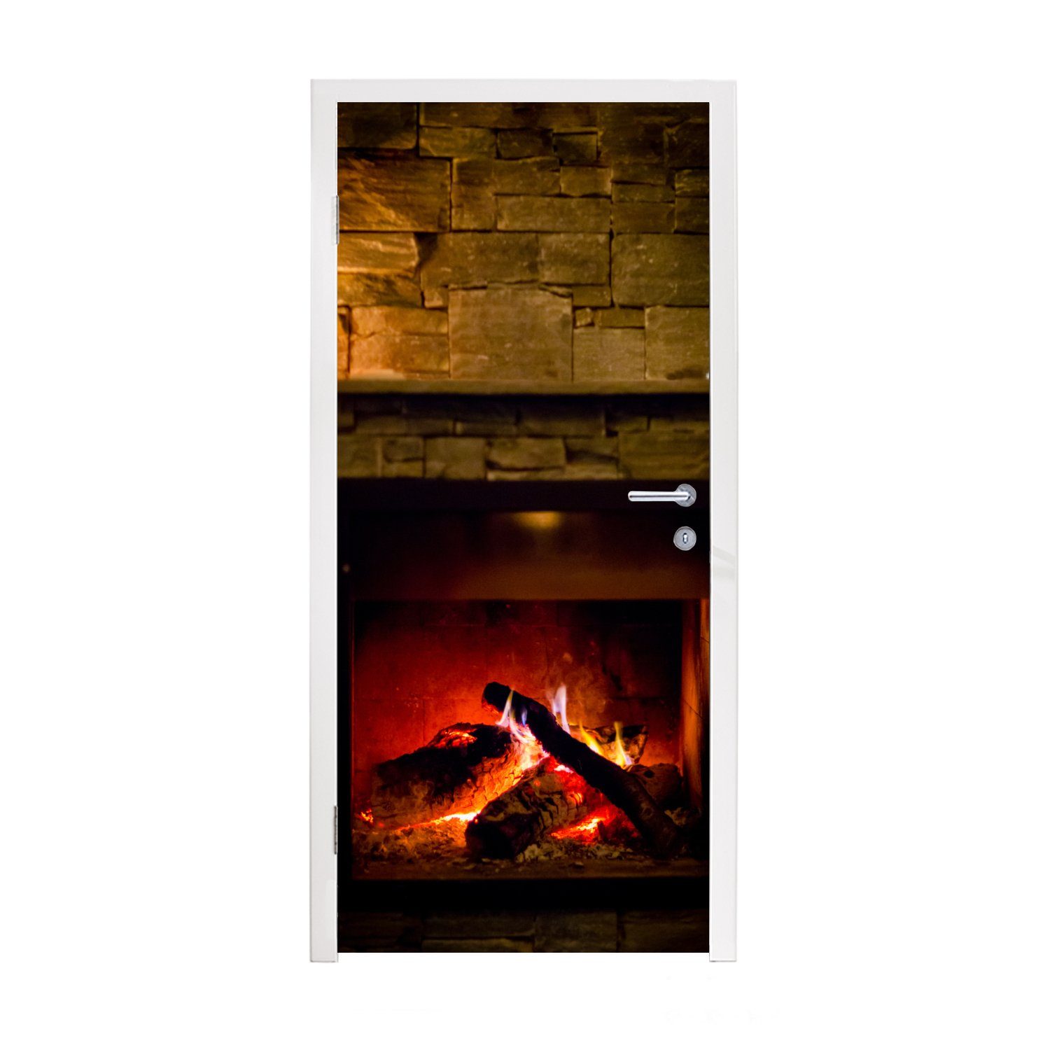 MuchoWow Türtapete Feuerstelle mit rotem Licht, Matt, bedruckt, (1 St), Fototapete für Tür, Türaufkleber, 75x205 cm