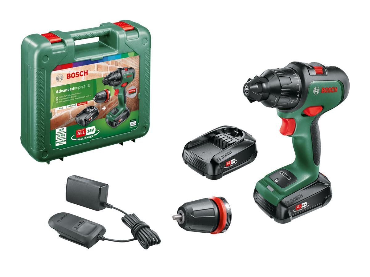 Bosch Home & Garden Akku-Bohrhammer AdvancedImpact 18, 18 V, max. 1350 U/min, (Set, 7-tlg., 1x Ladegerät AL 1820 CV, 2x Akkupacks PBA 18 V 1,5 Ah W-A), inkl. 2 Akkus und Ladegerät