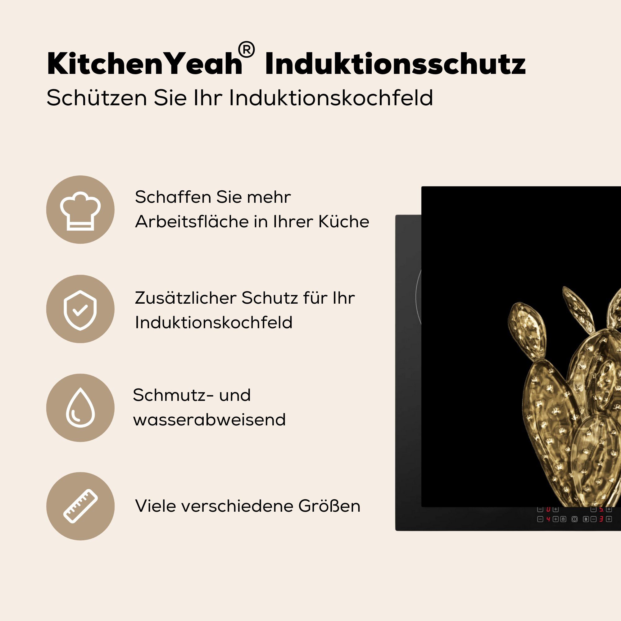 tlg), küche Pflanzen, Arbeitsplatte - MuchoWow 78x78 - Kaktus Gold (1 cm, Vinyl, Ceranfeldabdeckung, Herdblende-/Abdeckplatte für