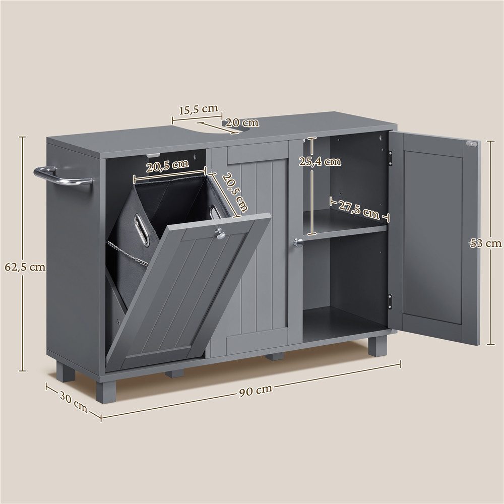 Yaheetech Waschbeckenunterschrank Badunterschrank mit 3 Türen und Verstellbarem Einlegeboden 90 cm L × 30 cm B × 62,5 cm H Unterschrank mit Integriertem Wäschek – Bild 4 von 5