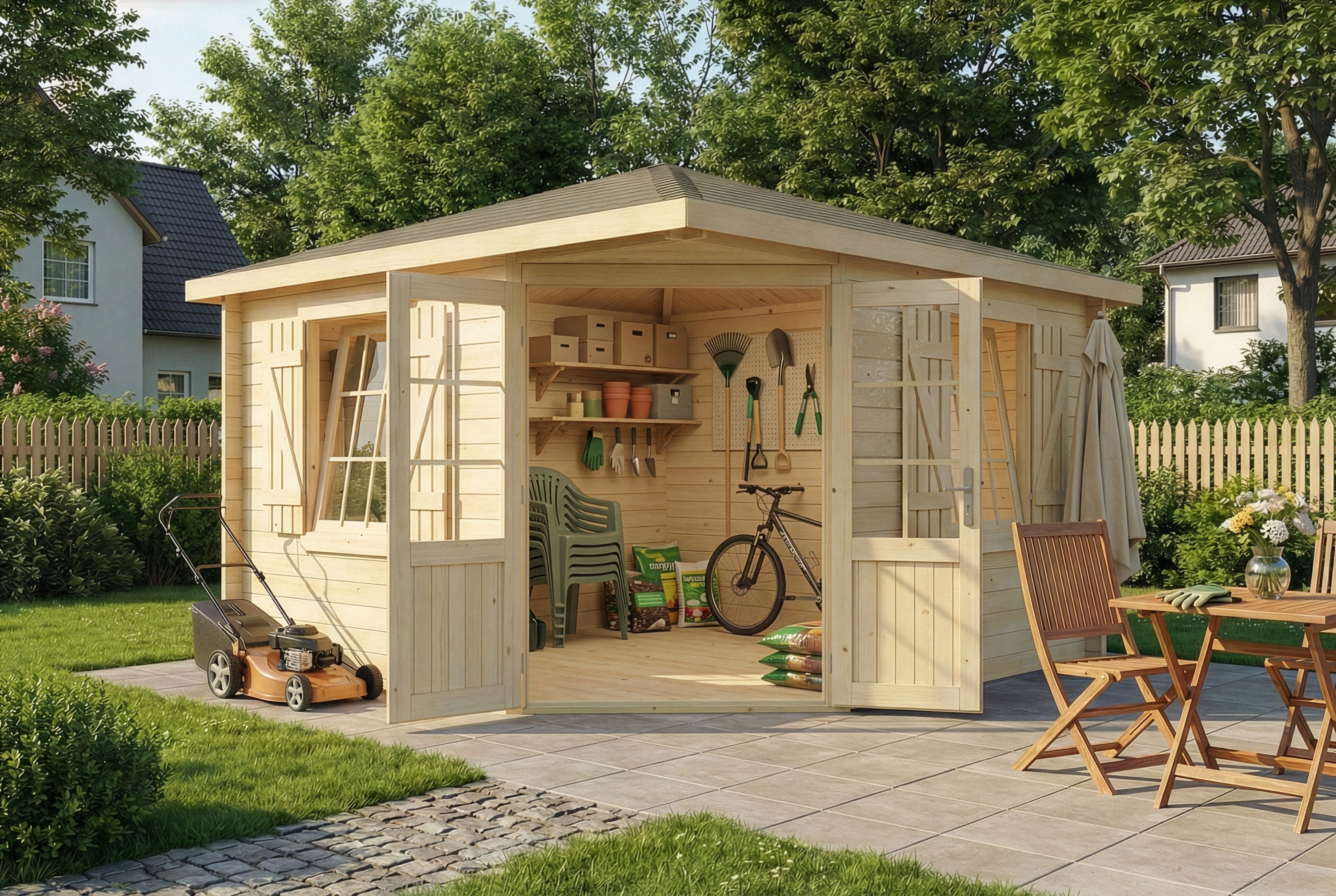 Alpholz Gartenhaus Holz 5-Eck Monica Royal, BxT: 368x368 cm, in Naturbelassen mit 28mm Wandstärke